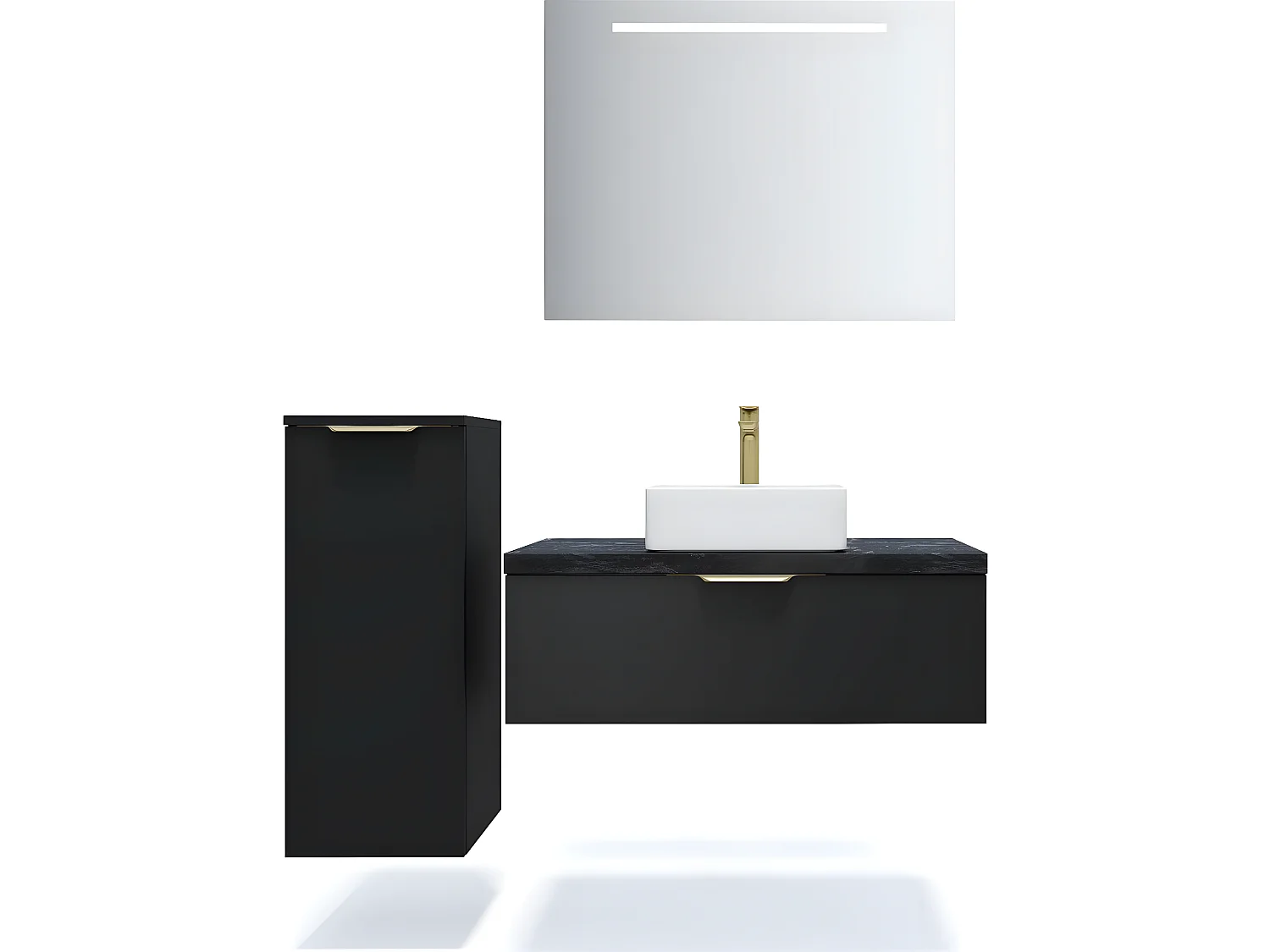 Meuble de salle de bain suspendu vasque à poser 90cm 1 tiroir Noir + miroir + colonne ouverture gauche - Venice