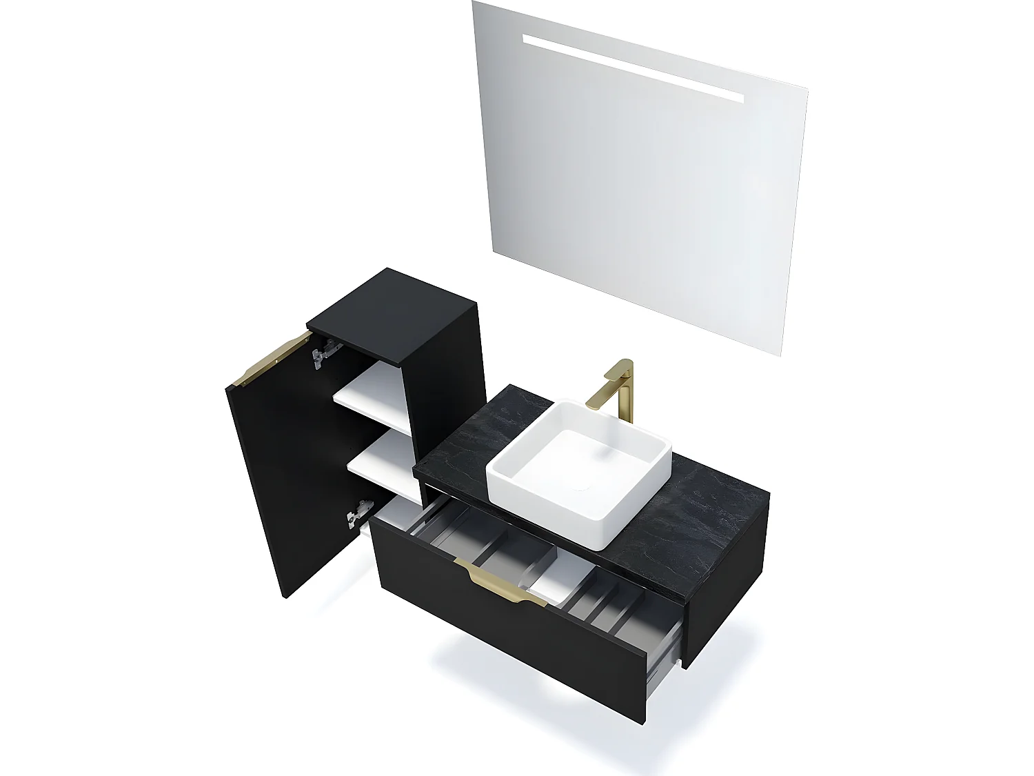 Meuble de salle de bain suspendu vasque à poser 90cm 1 tiroir Noir + miroir + colonne ouverture gauche - Venice