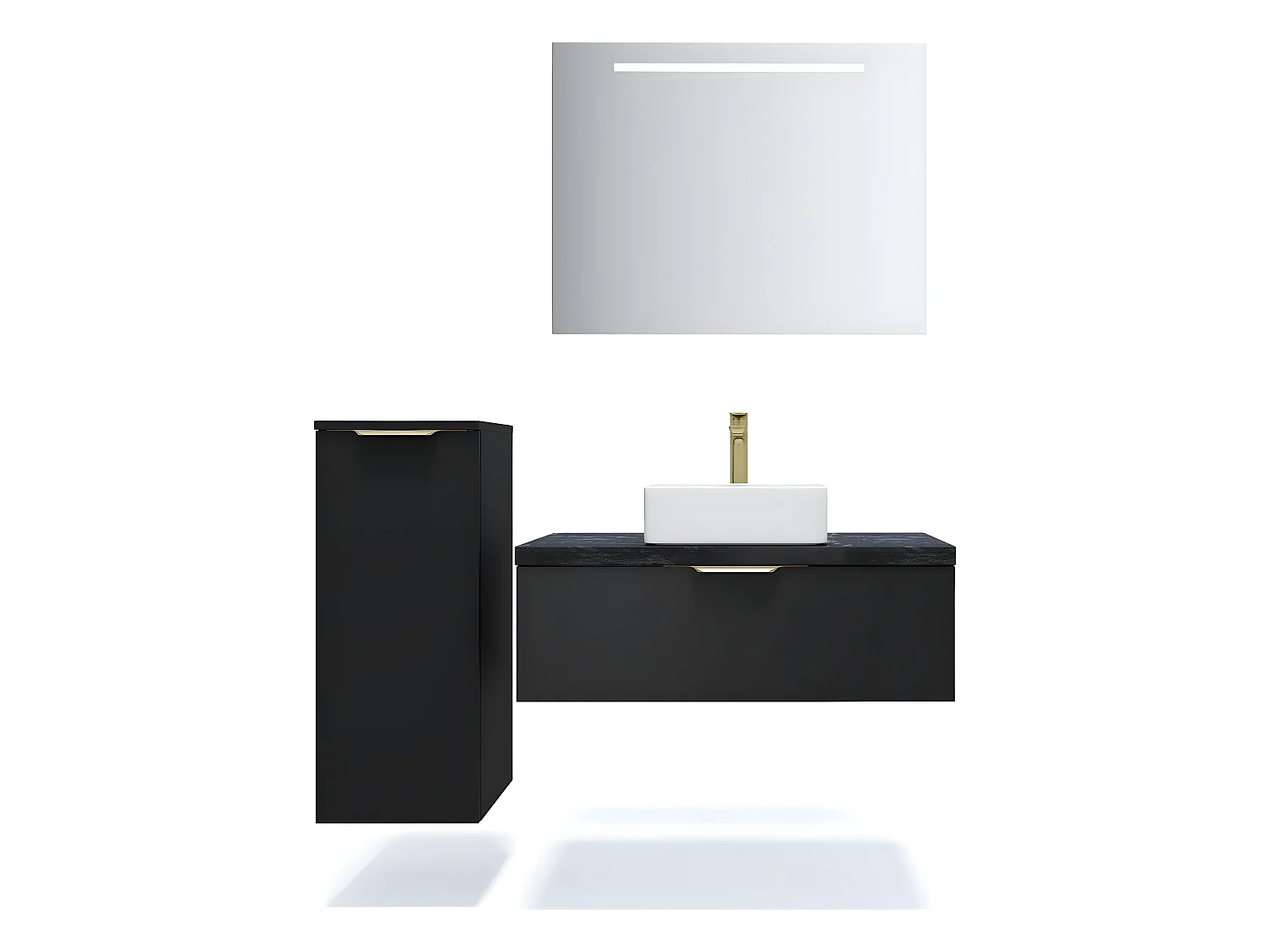 Meuble de salle de bain suspendu vasque à poser 90cm 1 tiroir Noir + miroir + colonne ouverture gauche - Venice