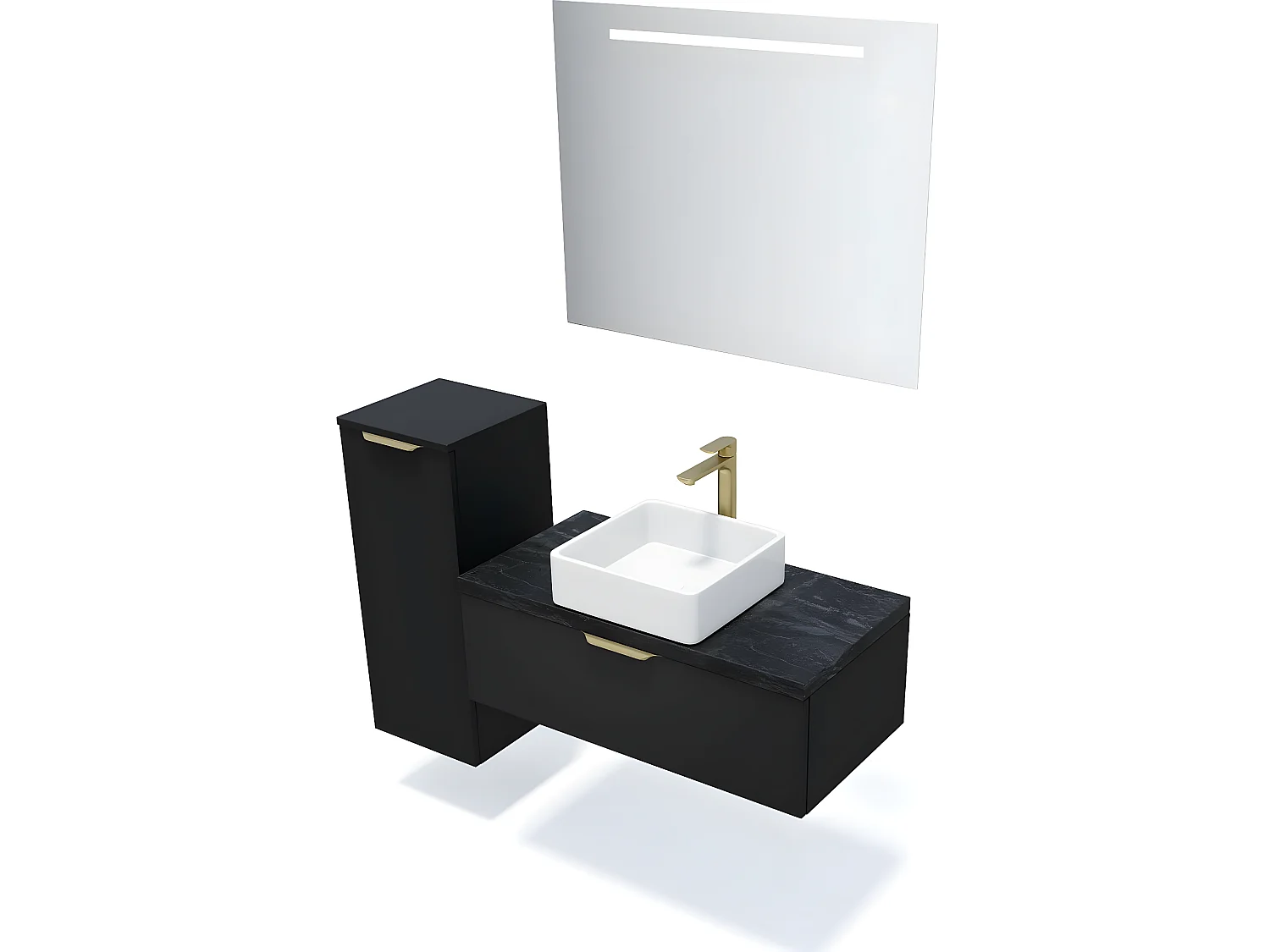 Meuble de salle de bain suspendu vasque à poser 90cm 1 tiroir Noir + miroir + colonne ouverture gauche - Venice