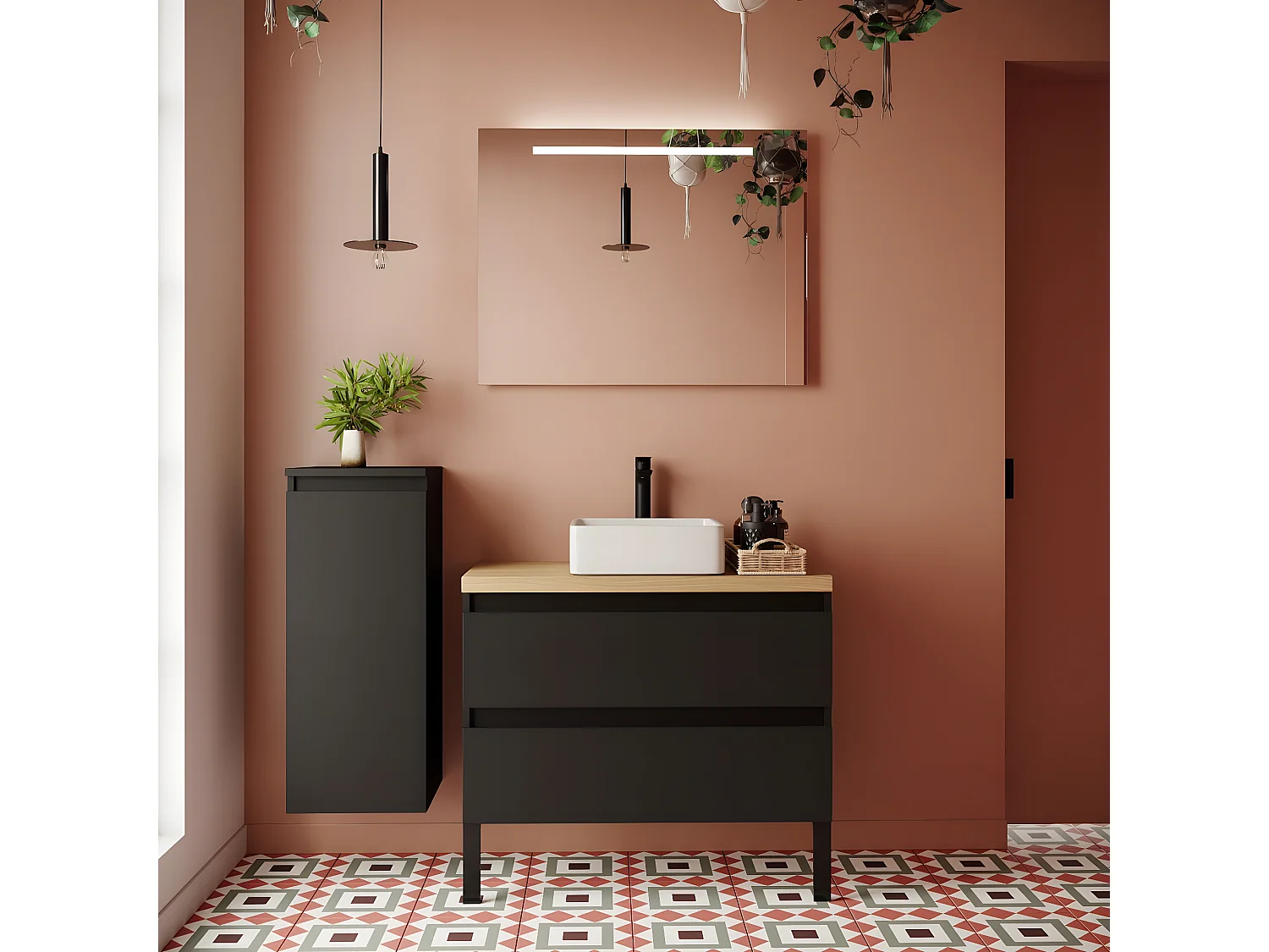 Meuble de salle de bain suspendu vasque à poser 90cm 2 tiroirs Noir + miroir + colonne ouverture gauche - Hudson