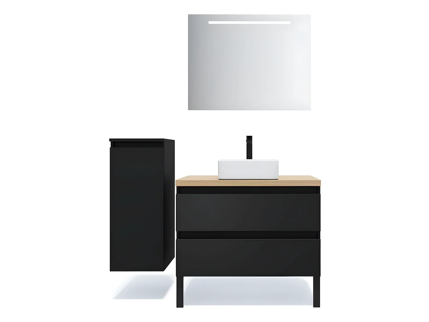 Meuble de salle de bain suspendu vasque à poser 90cm 2 tiroirs Noir + miroir + colonne ouverture gauche - Hudson