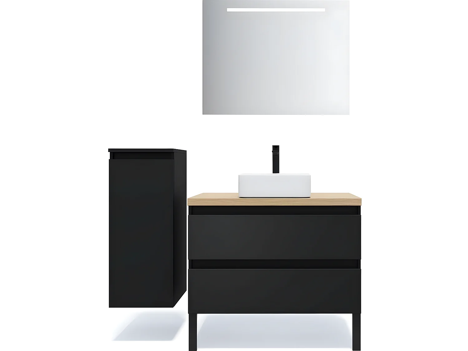 Meuble de salle de bain suspendu vasque à poser 90cm 2 tiroirs Noir + miroir + colonne ouverture gauche - Hudson