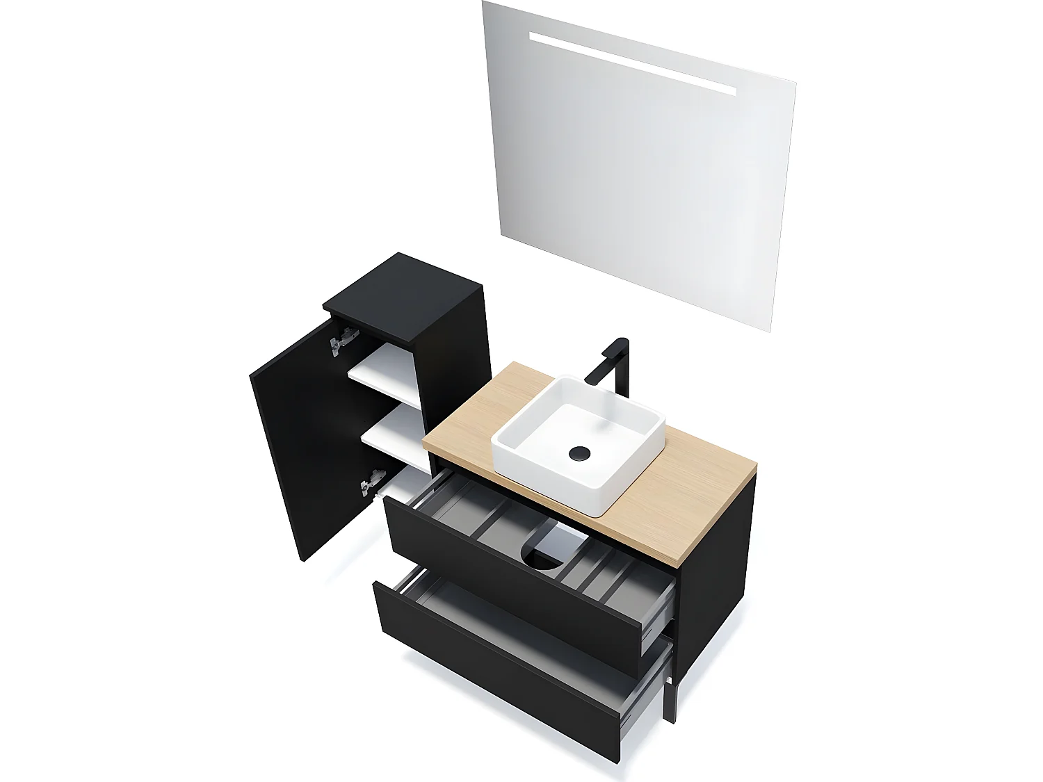 Meuble de salle de bain suspendu vasque à poser 90cm 2 tiroirs Noir + miroir + colonne ouverture gauche - Hudson