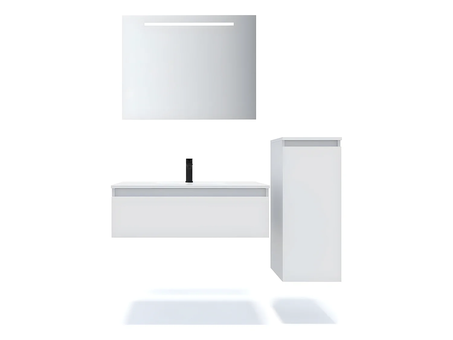 Meuble de salle de bain suspendu double vasque intégrée 120cm 1 tiroir Blanc + miroir + colonne ouverture droite - Hudson