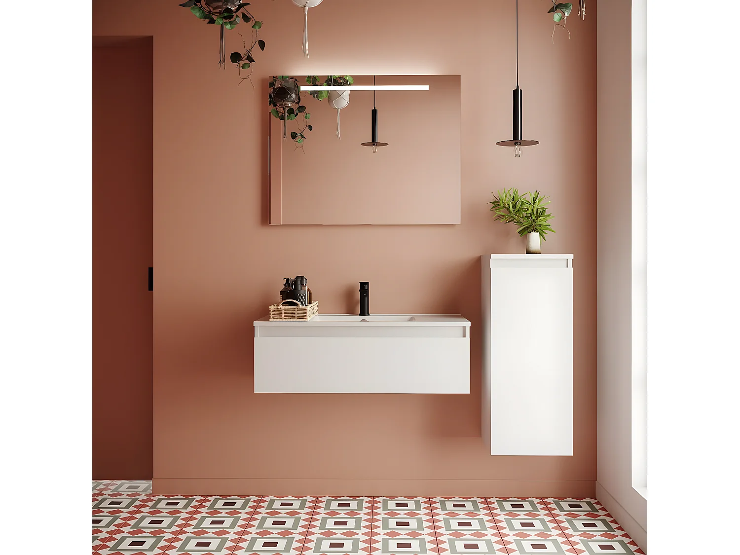 Meuble de salle de bain suspendu double vasque intégrée 120cm 1 tiroir Blanc + miroir + colonne ouverture droite - Hudson