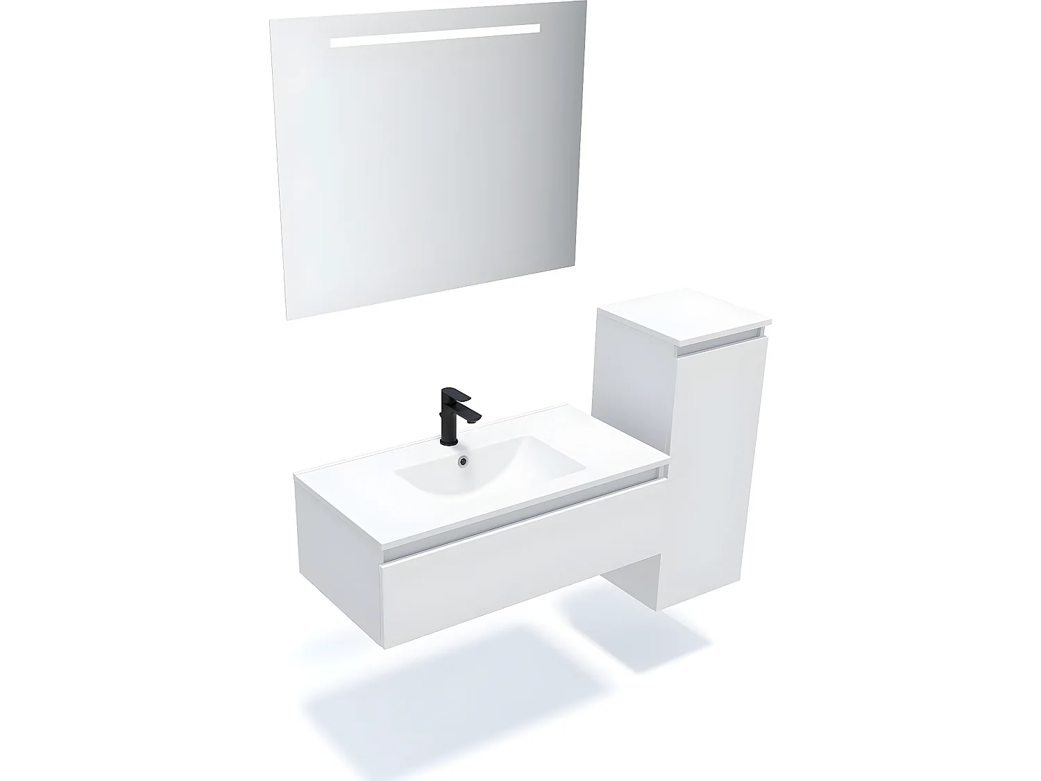 Meuble de salle de bain suspendu double vasque intégrée 120cm 1 tiroir Blanc + miroir + colonne ouverture droite - Hudson