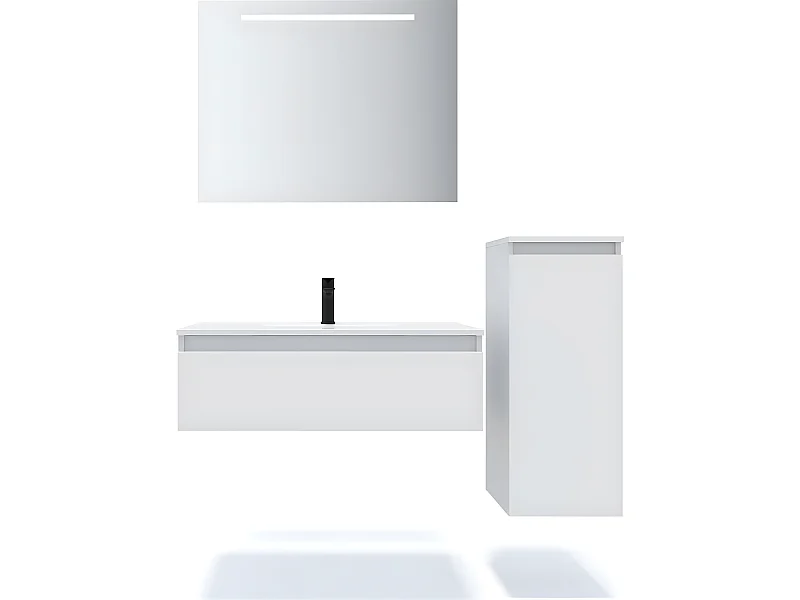 Meuble de salle de bain suspendu double vasque intégrée 120cm 1 tiroir Blanc + miroir + colonne ouverture droite - Hudson