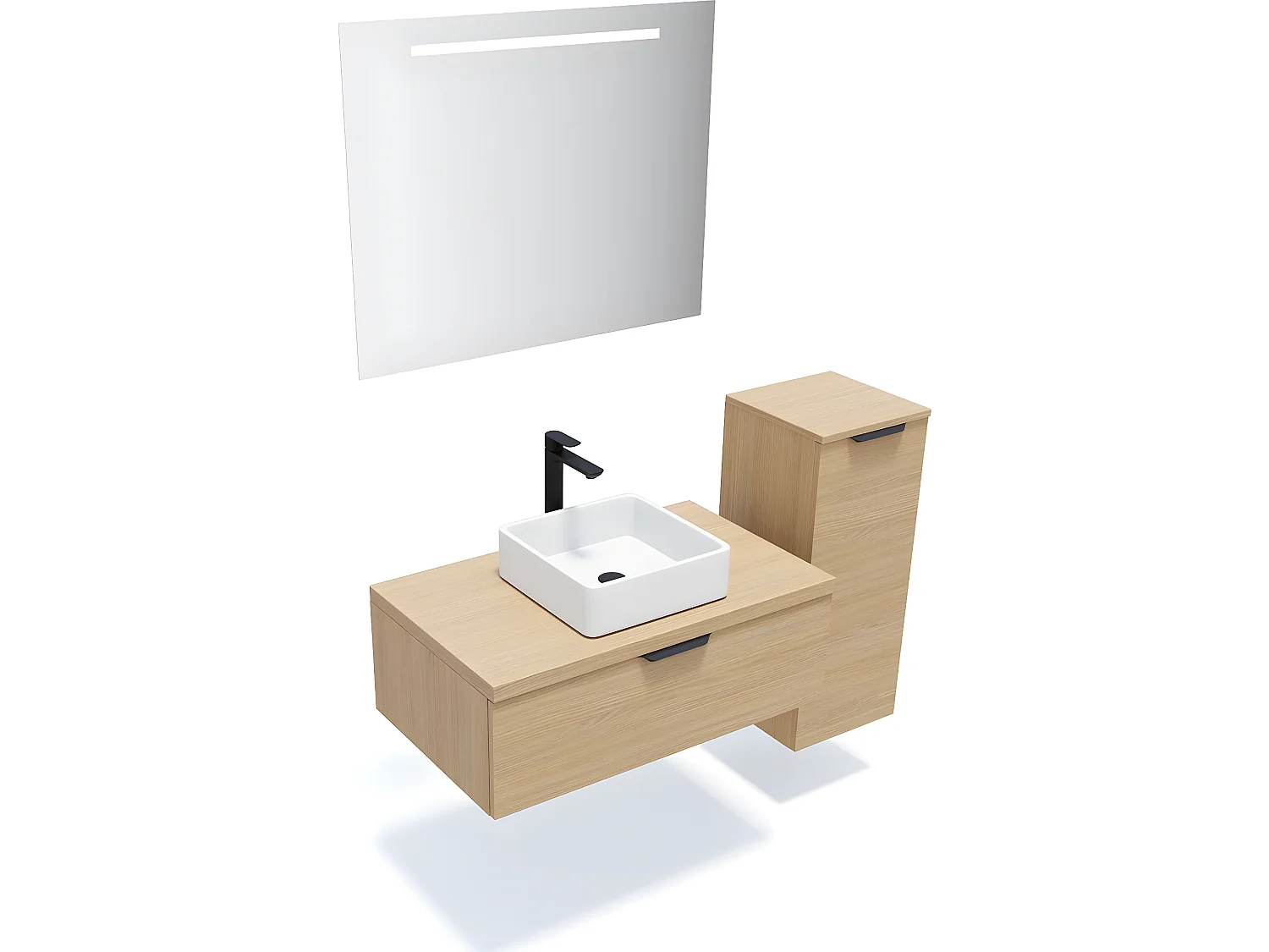 Meuble de salle de bain suspendu vasque à poser 90cm 1 tiroir Chêne clair + miroir + colonne ouverture droite - Soho