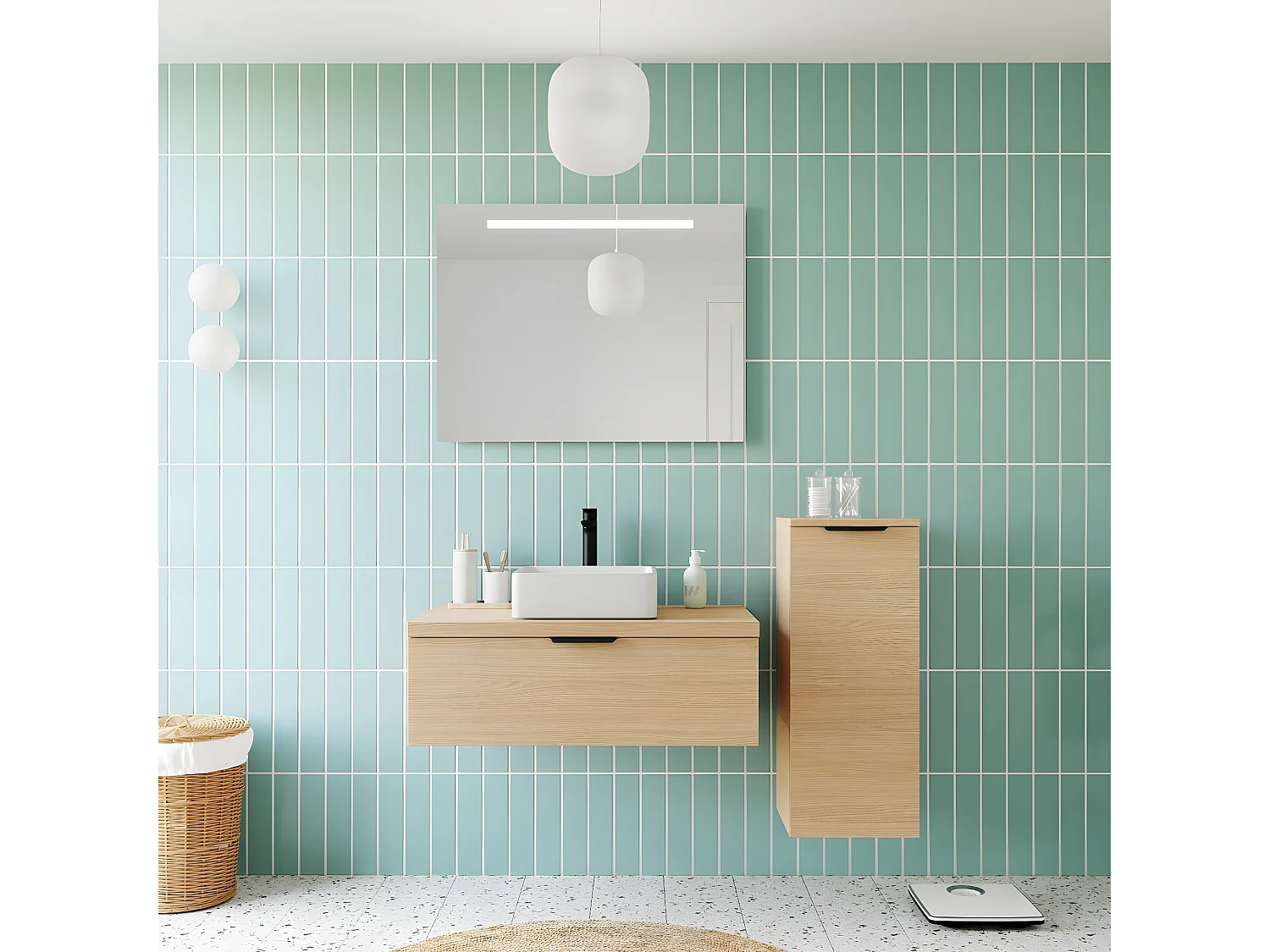 Meuble de salle de bain suspendu vasque à poser 90cm 1 tiroir Chêne clair + miroir + colonne ouverture droite - Soho