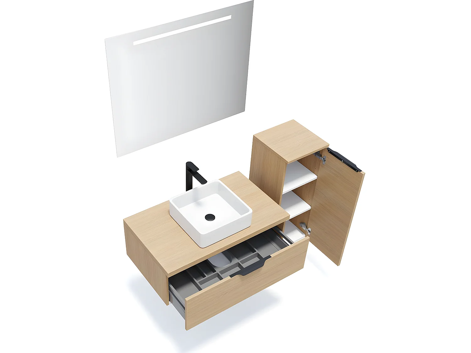 Meuble de salle de bain suspendu vasque à poser 90cm 1 tiroir Chêne clair + miroir + colonne ouverture droite - Soho