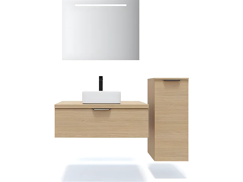 Meuble de salle de bain suspendu vasque à poser 90cm 1 tiroir Chêne clair + miroir + colonne ouverture droite - Soho