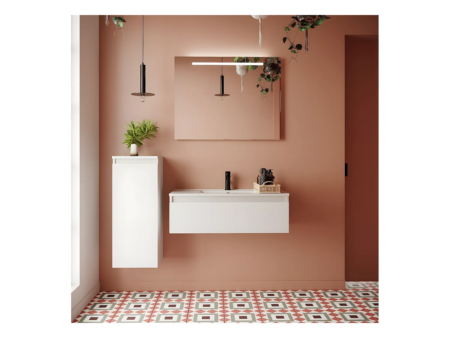 Meuble de salle de bain suspendu double vasque intégrée 120cm 1 tiroir Blanc + miroir + colonne ouverture gauche - Hudson