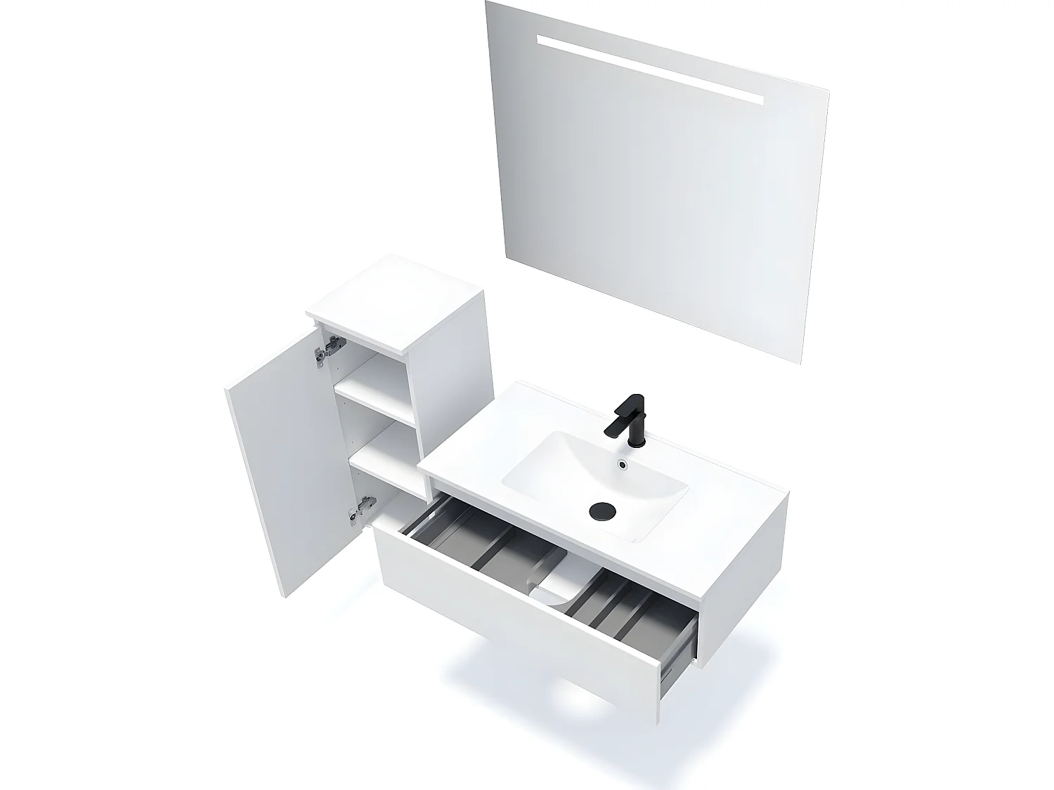 Meuble de salle de bain suspendu double vasque intégrée 120cm 1 tiroir Blanc + miroir + colonne ouverture gauche - Hudson