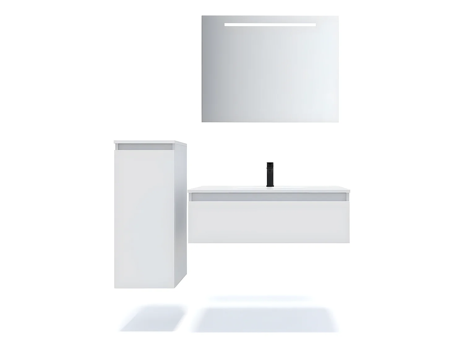 Meuble de salle de bain suspendu double vasque intégrée 120cm 1 tiroir Blanc + miroir + colonne ouverture gauche - Hudson