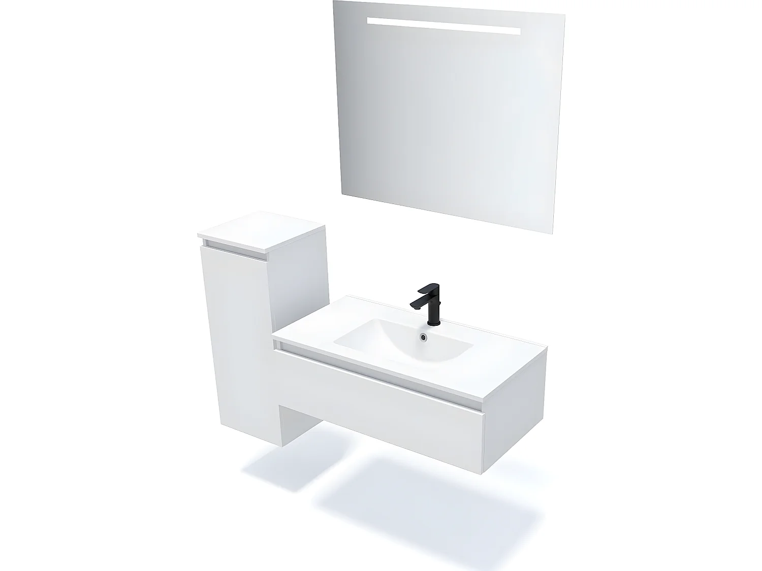 Meuble de salle de bain suspendu double vasque intégrée 120cm 1 tiroir Blanc + miroir + colonne ouverture gauche - Hudson