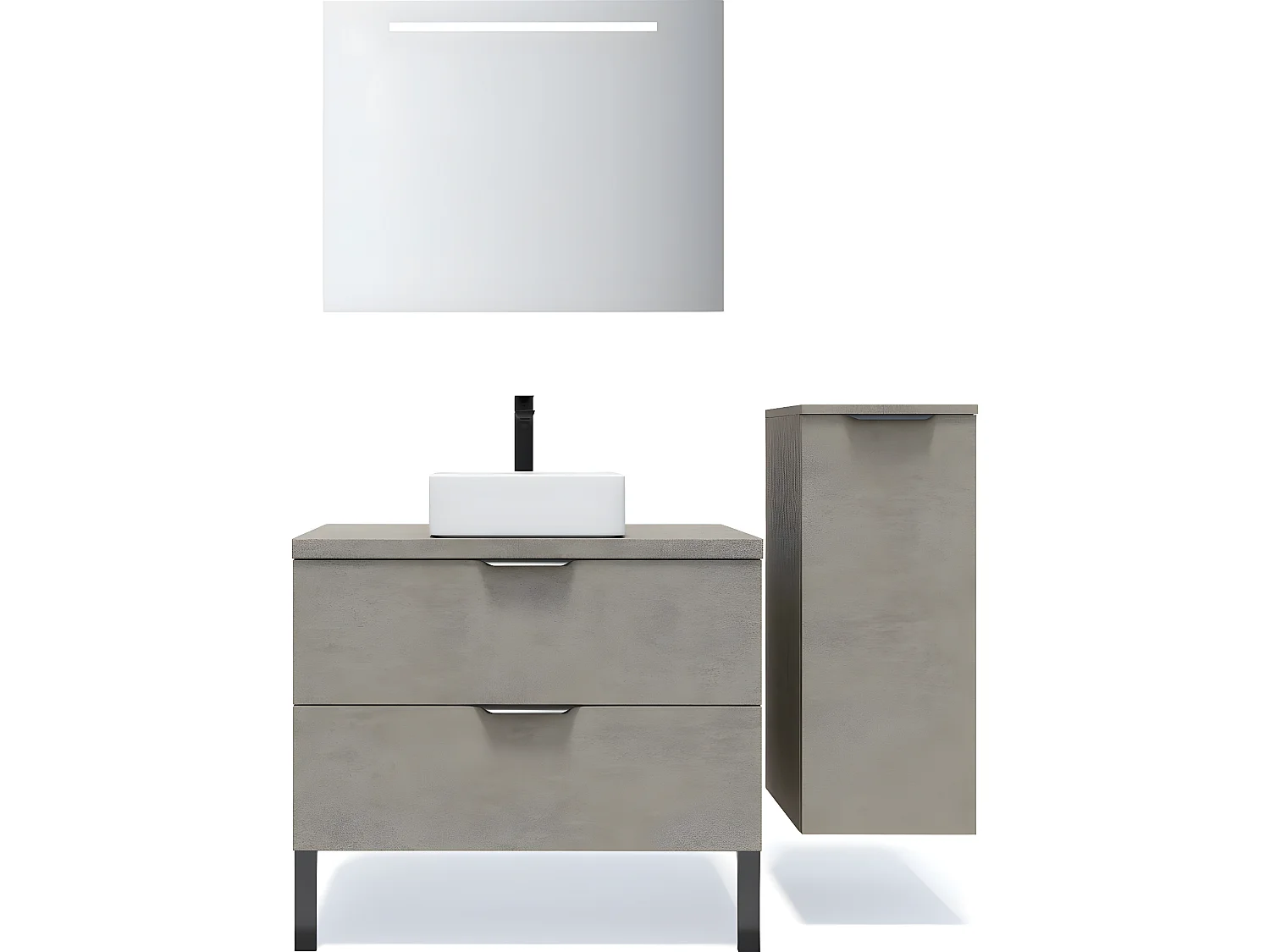 Meuble de salle de bain suspendu vasque à poser 90cm 2 tiroirs façon Béton + miroir + colonne ouverture droite - Venice