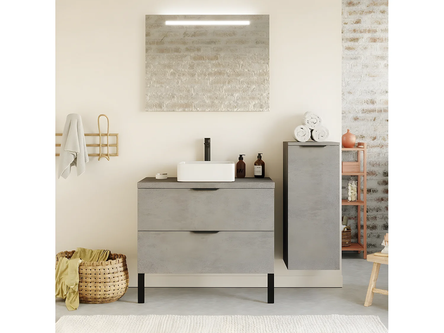 Meuble de salle de bain suspendu vasque à poser 90cm 2 tiroirs façon Béton + miroir + colonne ouverture droite - Venice