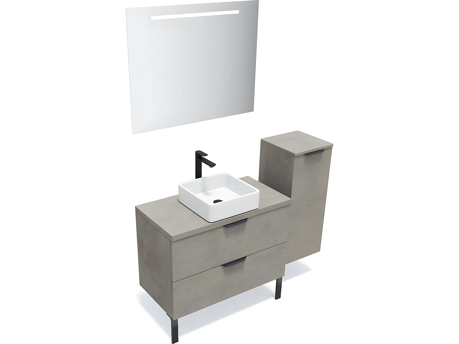 Meuble de salle de bain suspendu vasque à poser 90cm 2 tiroirs façon Béton + miroir + colonne ouverture droite - Venice