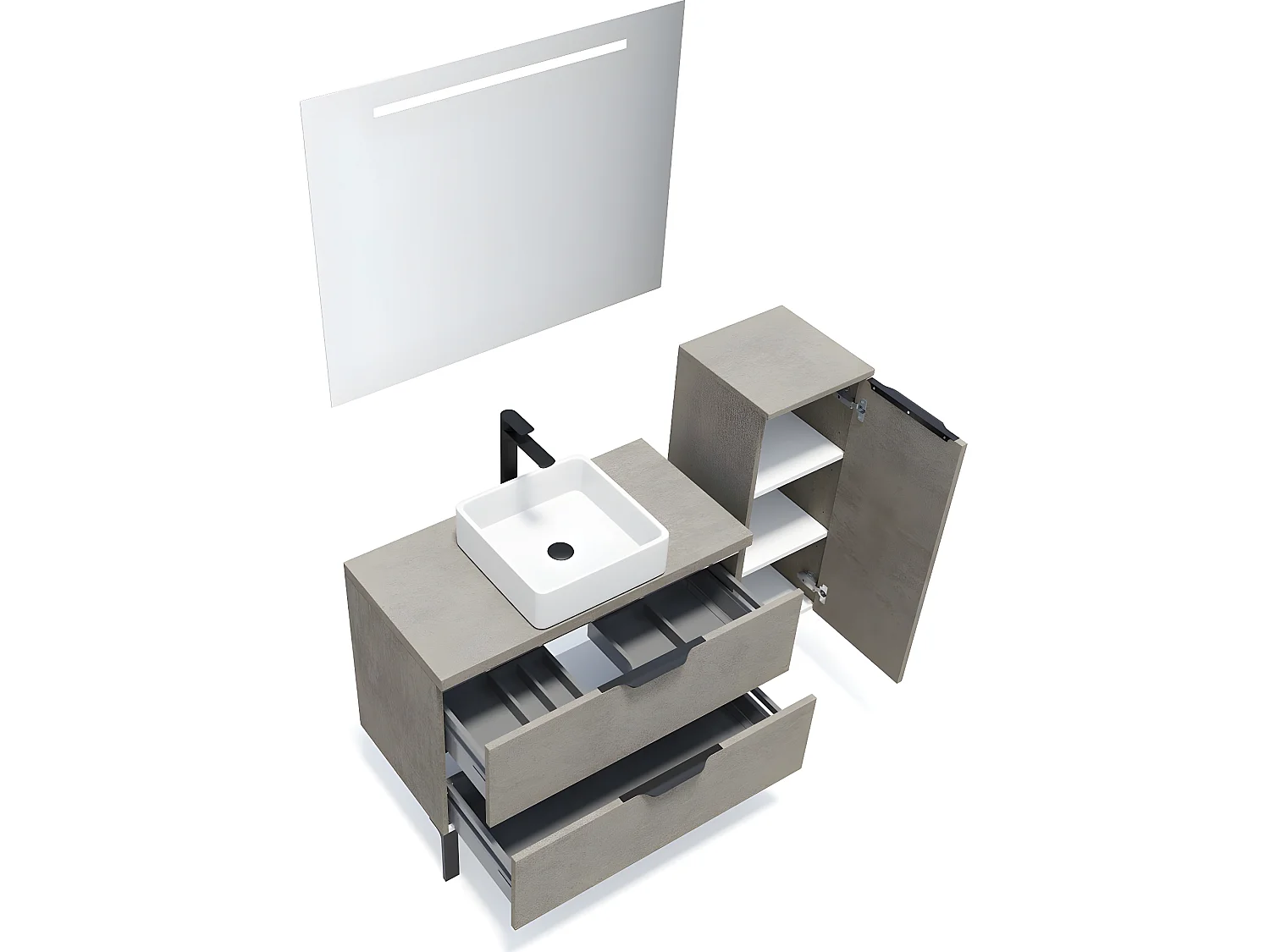 Meuble de salle de bain suspendu vasque à poser 90cm 2 tiroirs façon Béton + miroir + colonne ouverture droite - Venice