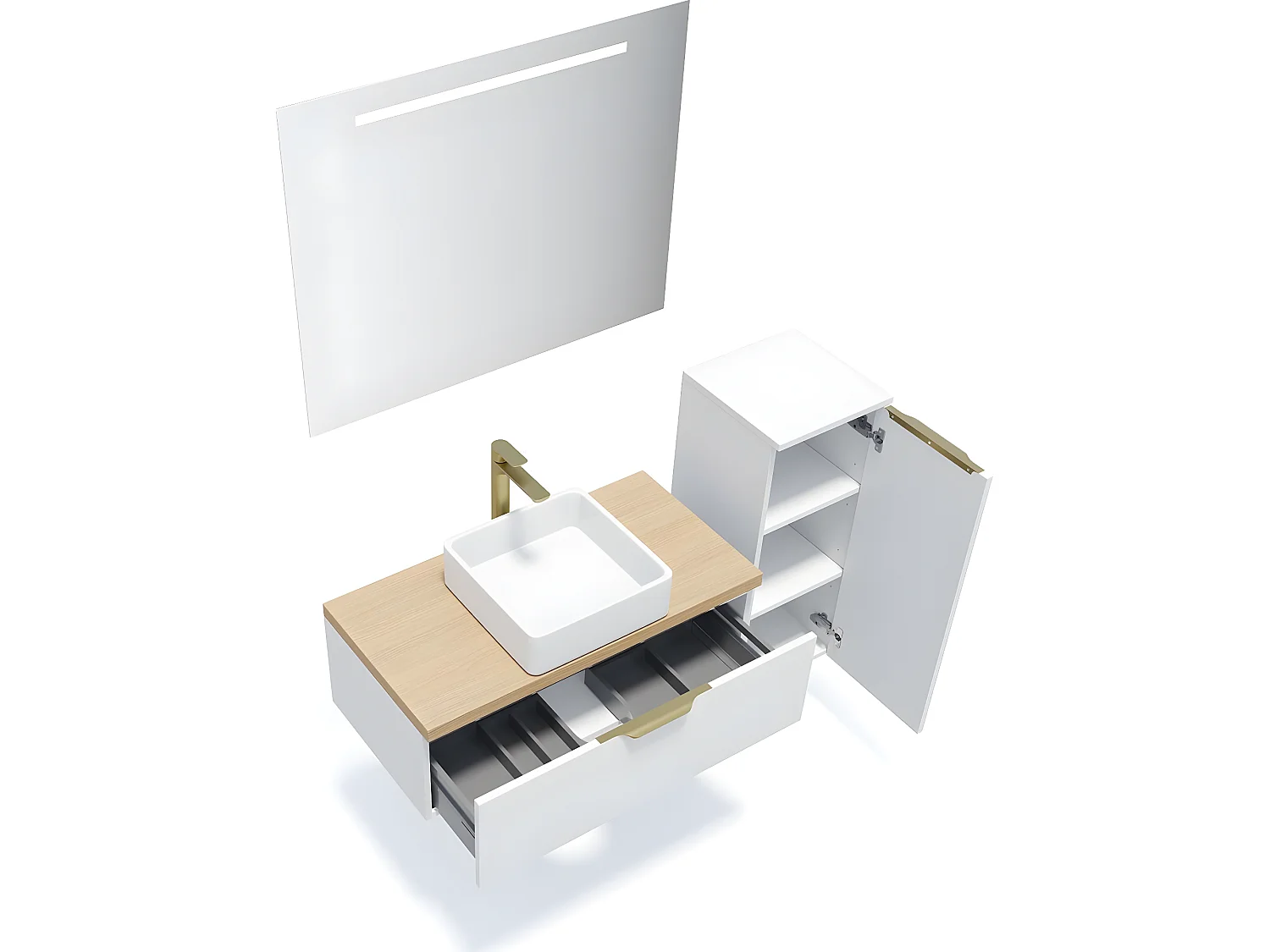 Meuble de salle de bain suspendu vasque à poser 90cm 1 tiroir Blanc + miroir + colonne ouverture droite - Venice