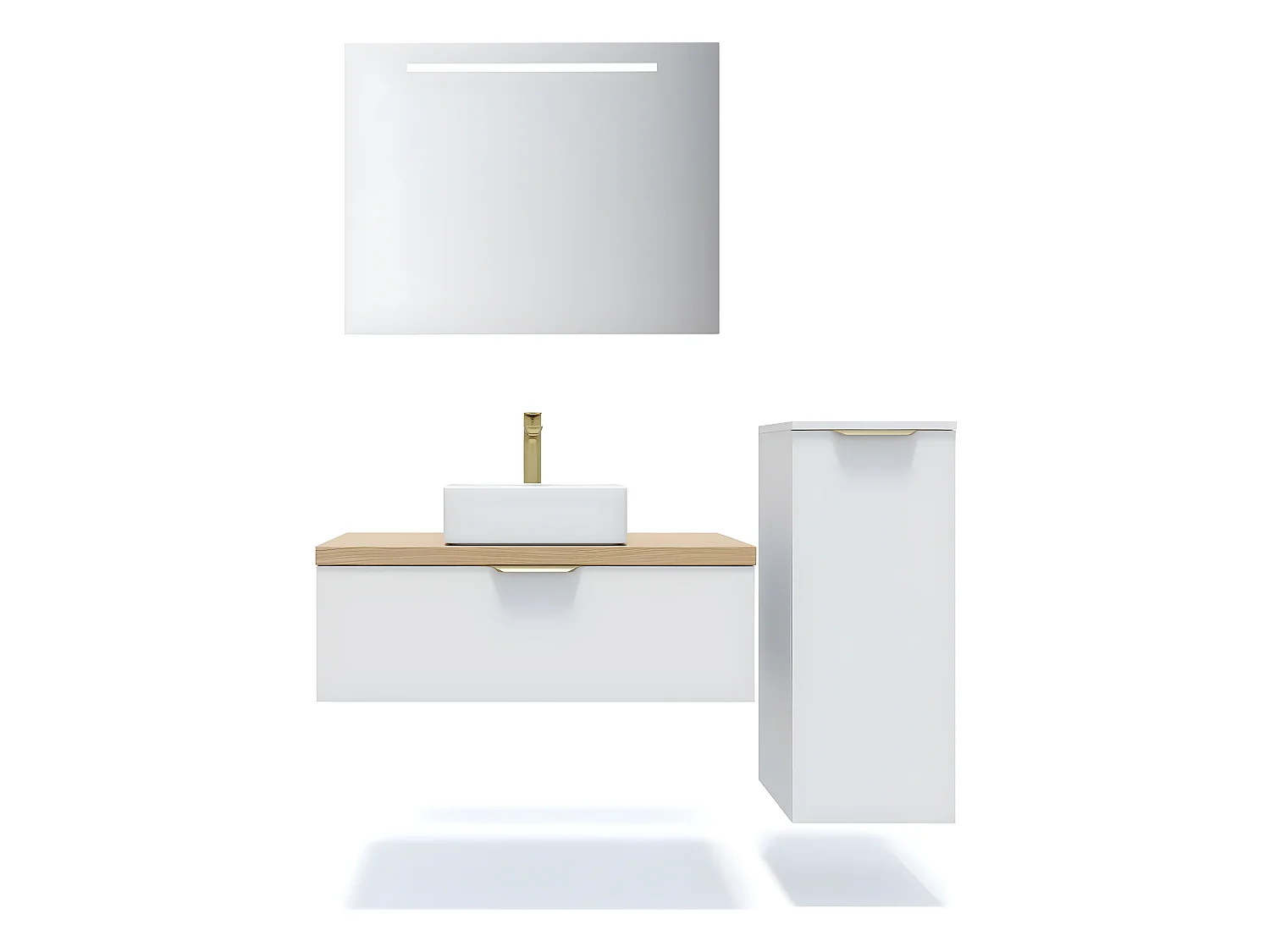 Meuble de salle de bain suspendu vasque à poser 90cm 1 tiroir Blanc + miroir + colonne ouverture droite - Venice