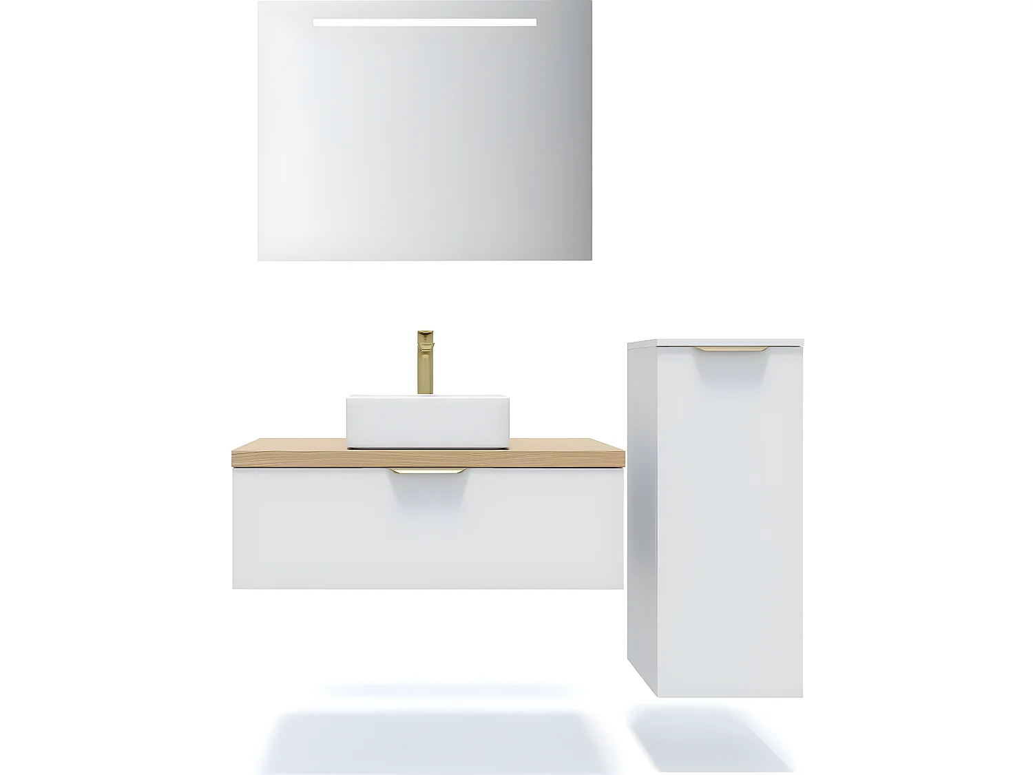 Meuble de salle de bain suspendu vasque à poser 90cm 1 tiroir Blanc + miroir + colonne ouverture droite - Venice