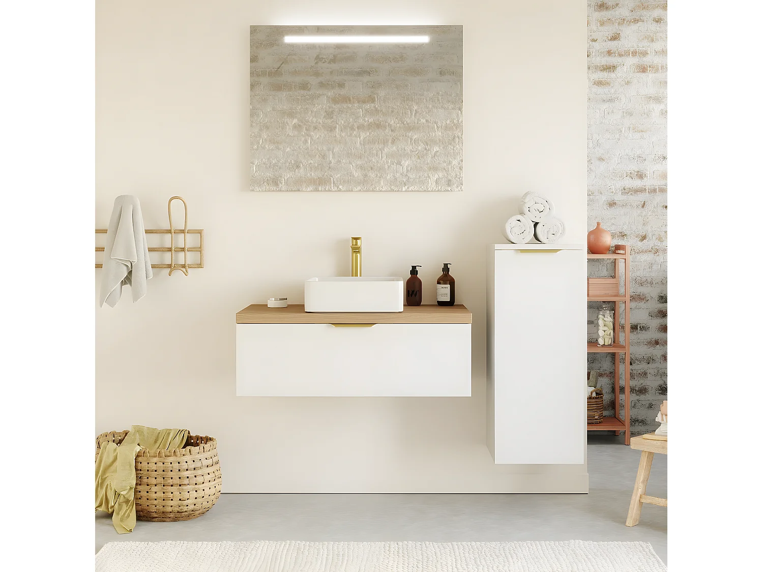 Meuble de salle de bain suspendu vasque à poser 90cm 1 tiroir Blanc + miroir + colonne ouverture droite - Venice