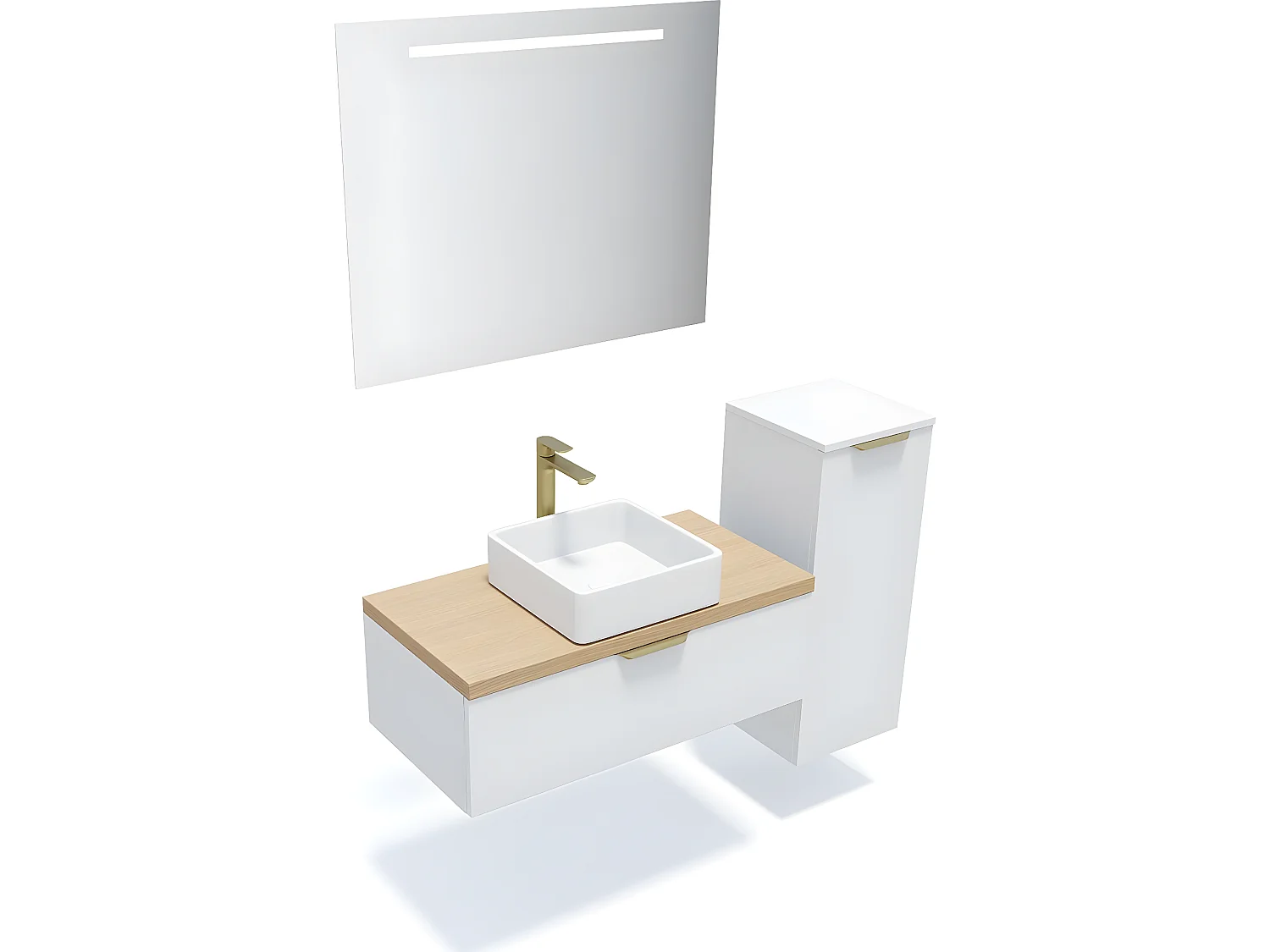 Meuble de salle de bain suspendu vasque à poser 90cm 1 tiroir Blanc + miroir + colonne ouverture droite - Venice