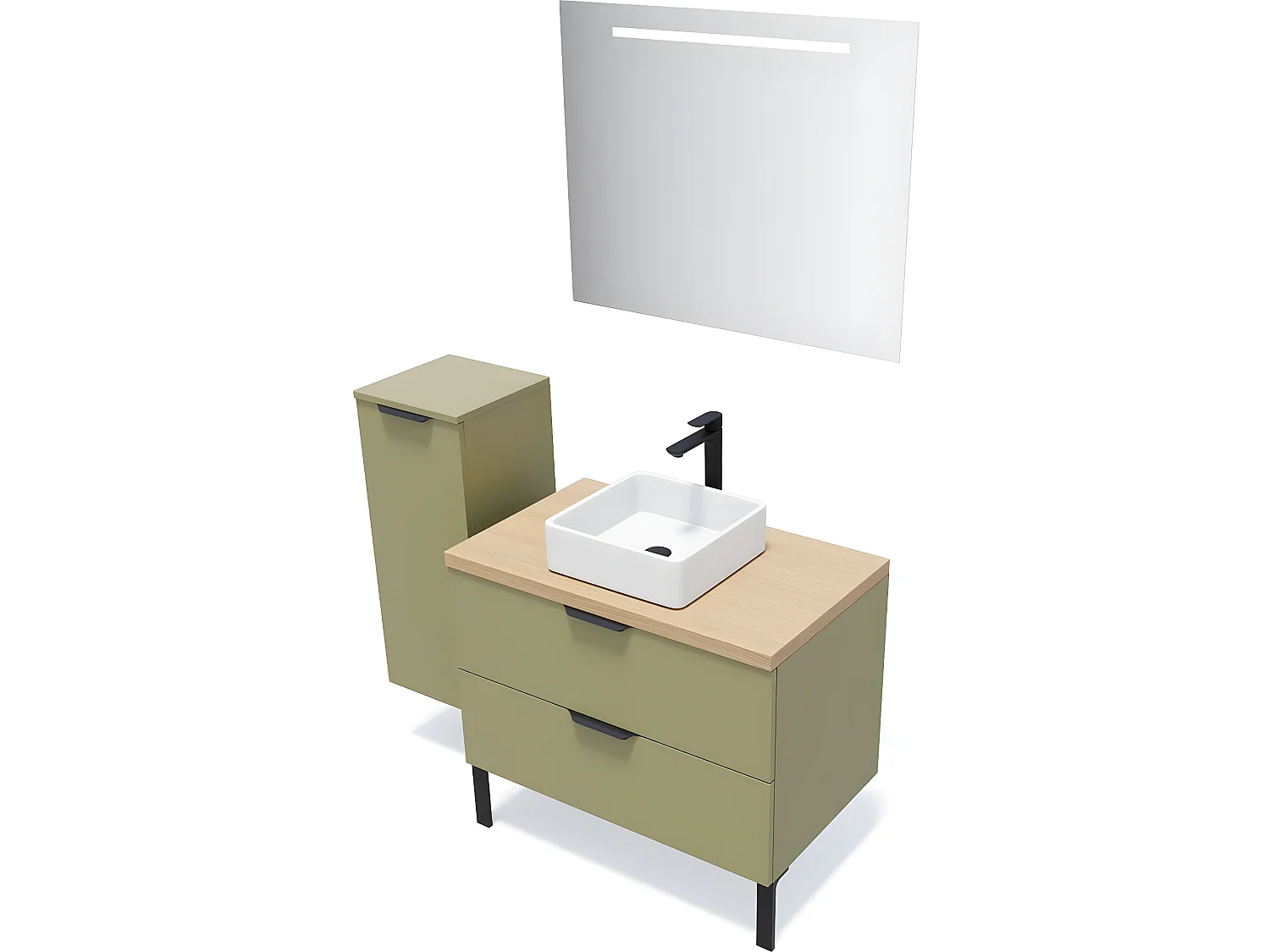 Meuble de salle de bain suspendu vasque à poser 90cm 2 tiroirs Vert olive + miroir + colonne ouverture gauche - Soho