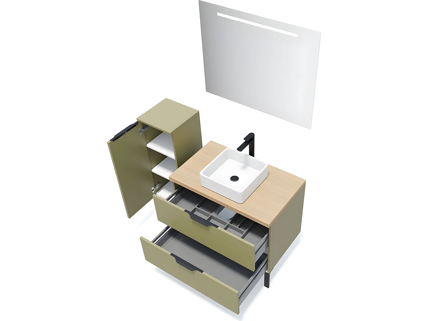 Meuble de salle de bain suspendu vasque à poser 90cm 2 tiroirs Vert olive + miroir + colonne ouverture gauche - Soho