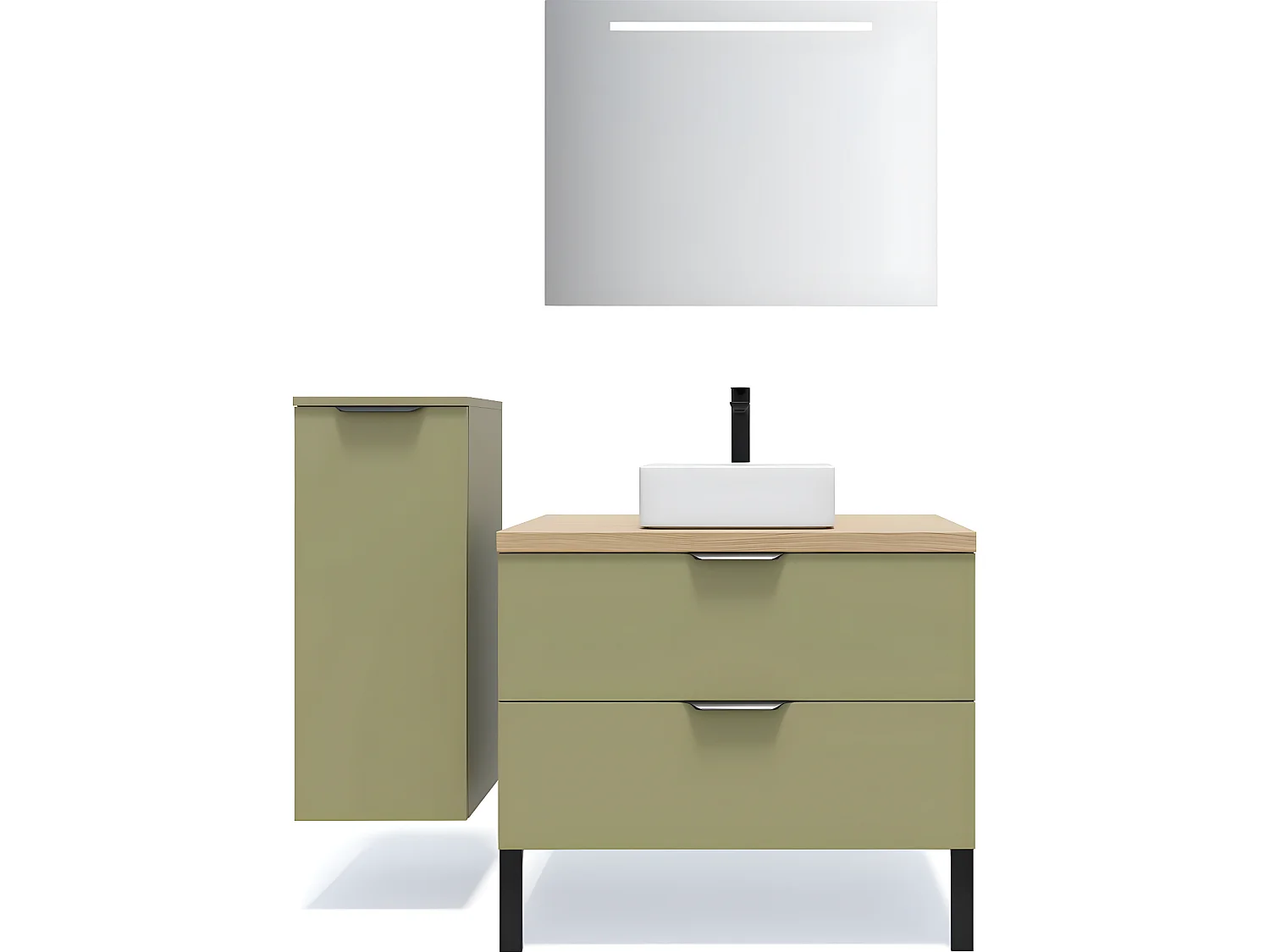Meuble de salle de bain suspendu vasque à poser 90cm 2 tiroirs Vert olive + miroir + colonne ouverture gauche - Soho