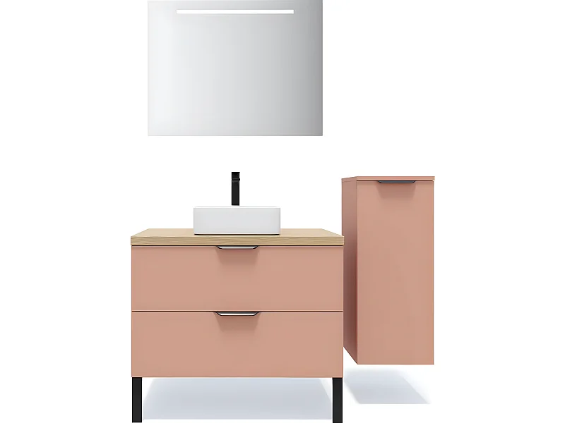 Meuble de salle de bain suspendu vasque à poser 90cm 2 tiroirs Abricot + miroir + colonne ouverture droite - Soho