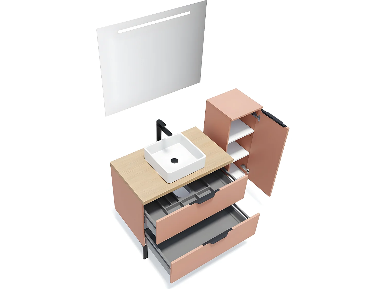 Meuble de salle de bain suspendu vasque à poser 90cm 2 tiroirs Abricot + miroir + colonne ouverture droite - Soho