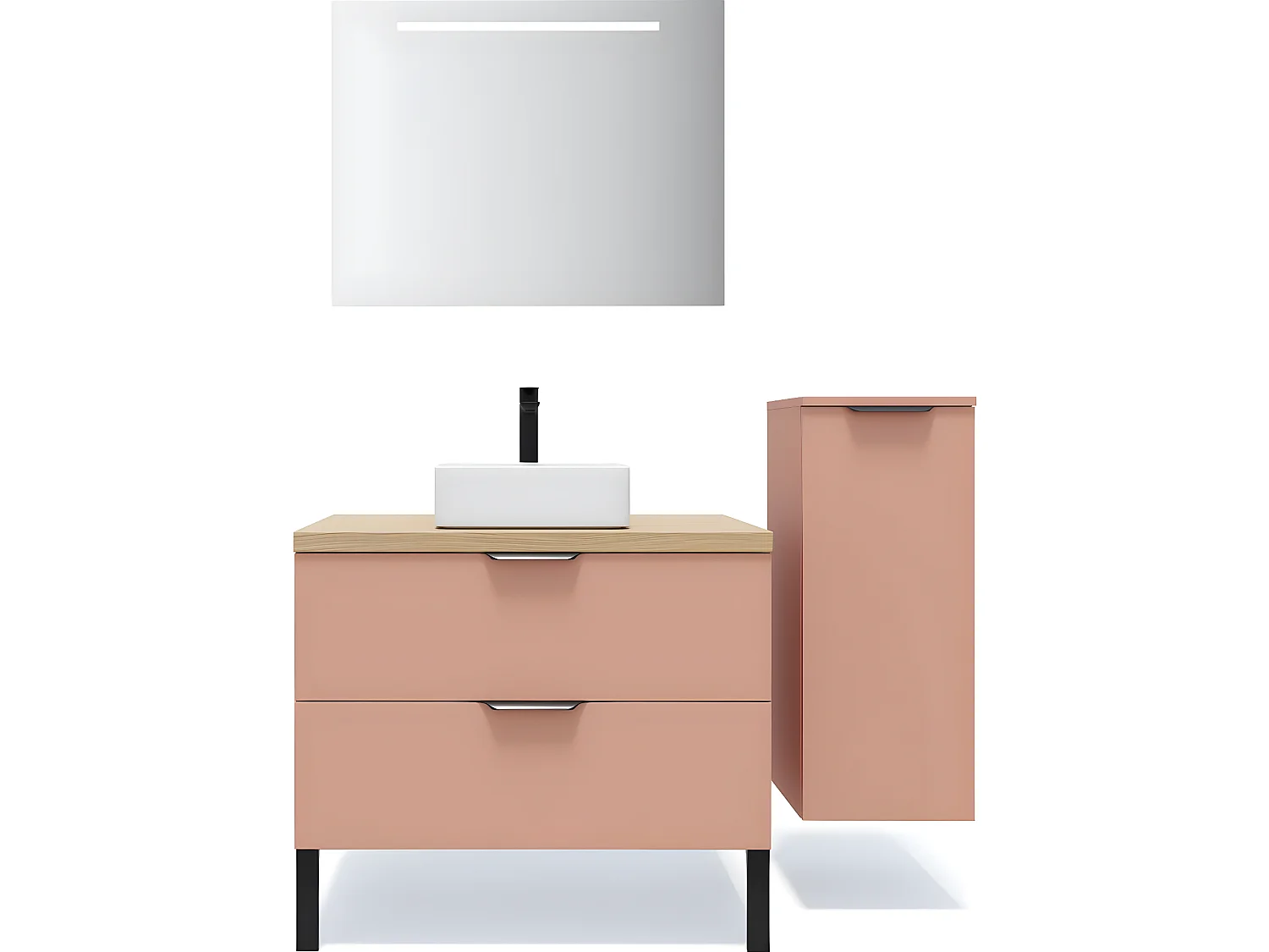 Meuble de salle de bain suspendu vasque à poser 90cm 2 tiroirs Abricot + miroir + colonne ouverture droite - Soho