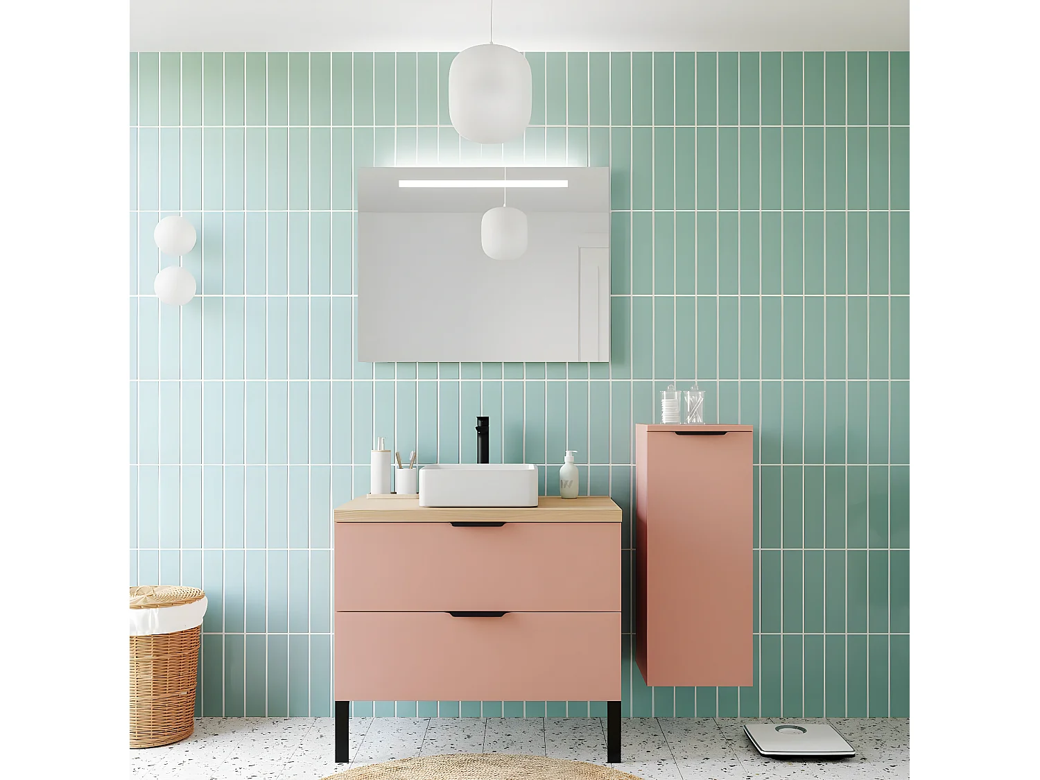 Meuble de salle de bain suspendu vasque à poser 90cm 2 tiroirs Abricot + miroir + colonne ouverture droite - Soho