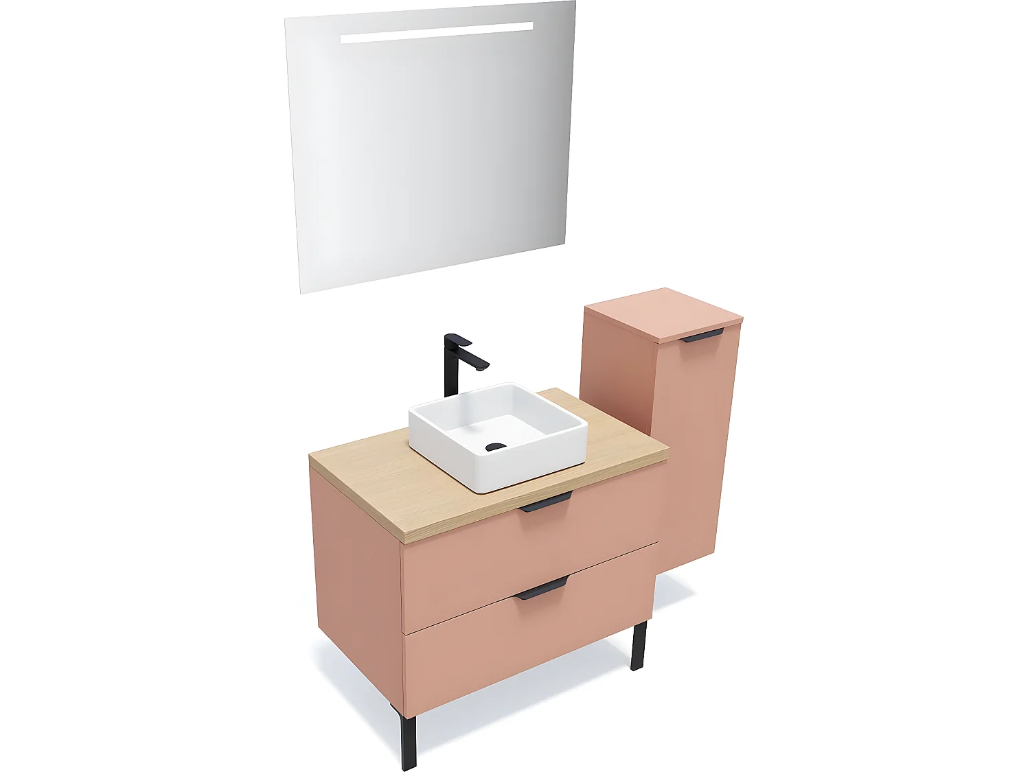 Meuble de salle de bain suspendu vasque à poser 90cm 2 tiroirs Abricot + miroir + colonne ouverture droite - Soho