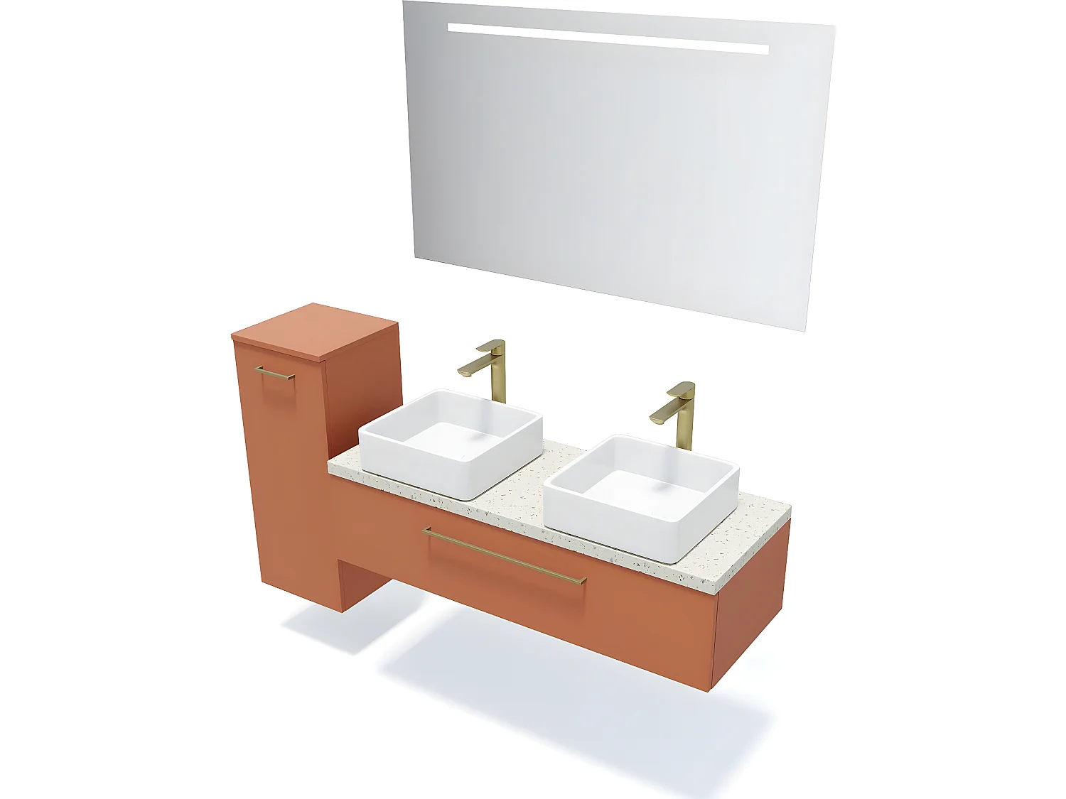 Meuble de salle de bain suspendu 2 vasques à poser 120cm 1 tiroir Terracotta + miroir + colonne ouverture gauche - Glasgow