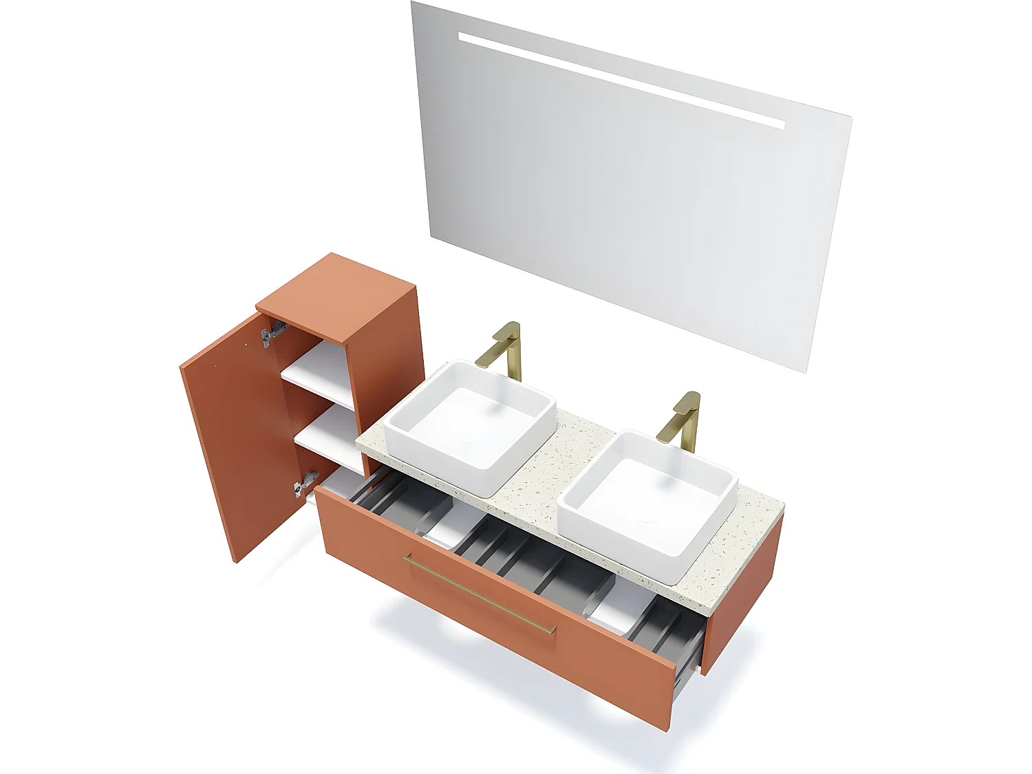 Meuble de salle de bain suspendu 2 vasques à poser 120cm 1 tiroir Terracotta + miroir + colonne ouverture gauche - Glasgow