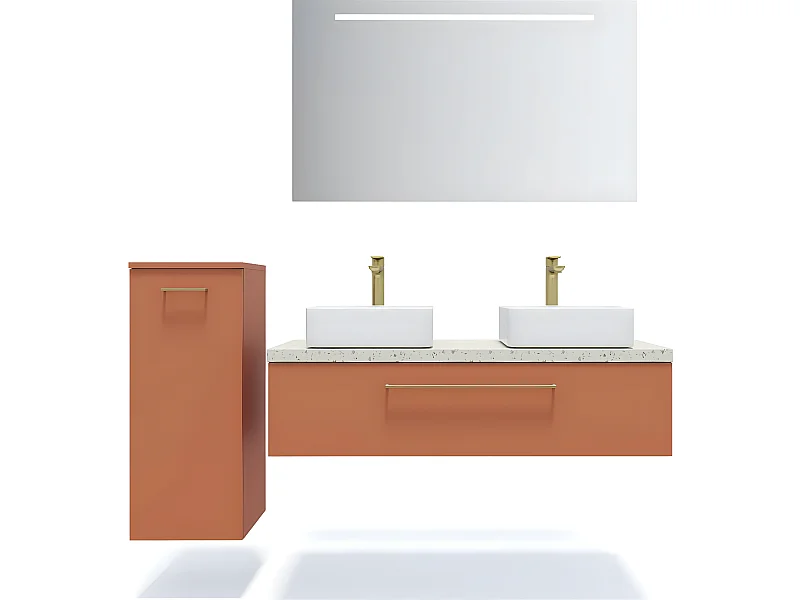 Meuble de salle de bain suspendu 2 vasques à poser 120cm 1 tiroir Terracotta + miroir + colonne ouverture gauche - Glasgow
