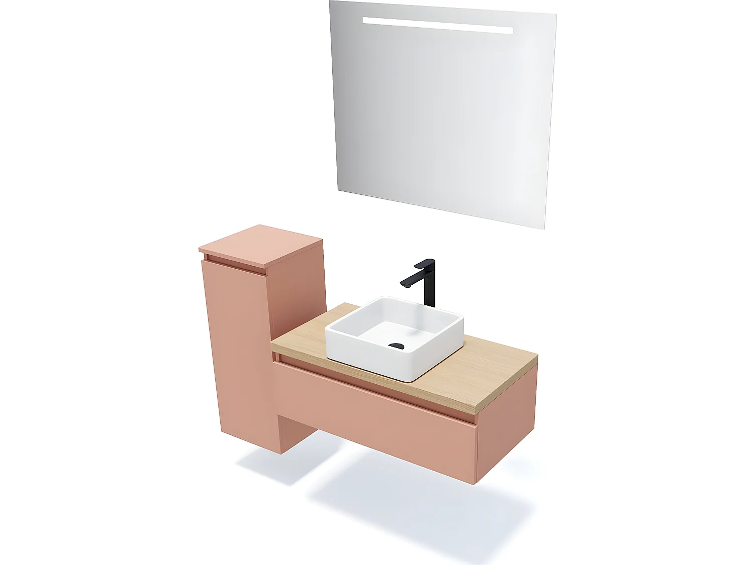 Meuble de salle de bain suspendu vasque à poser 90cm 1 tiroir Abricot + miroir + colonne ouverture gauche - Hudson