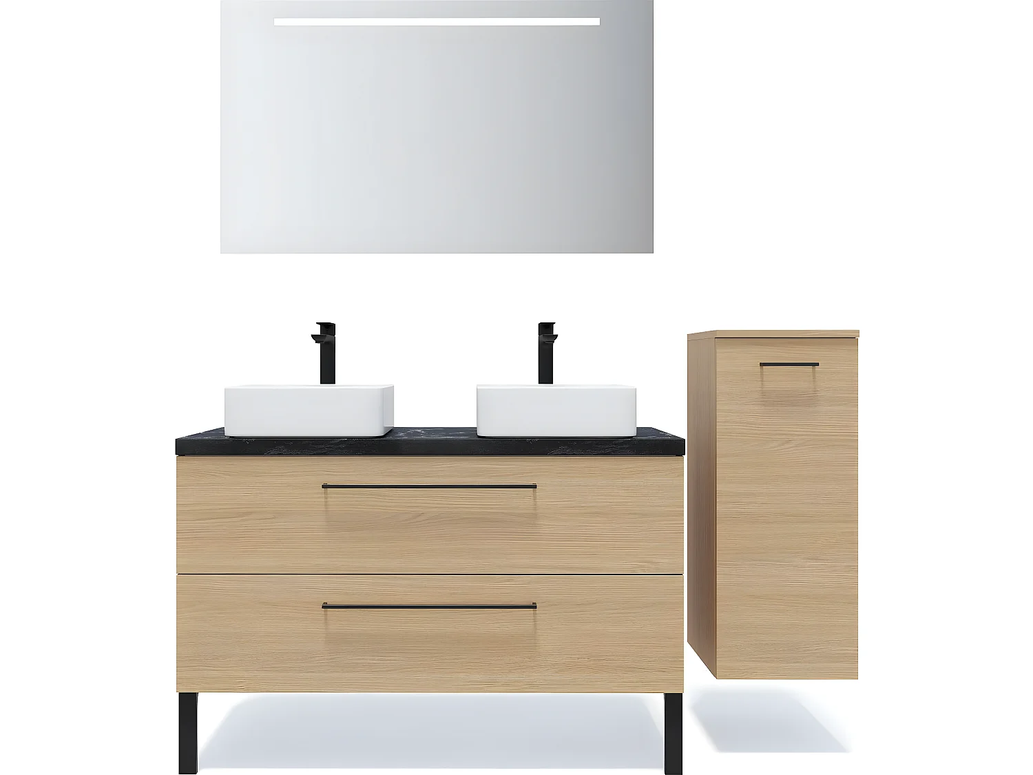 Meuble de salle de bain suspendu 2 vasques à poser 120cm 2 tiroirs Chêne clair + miroir + colonne ouverture droite - Glasgow