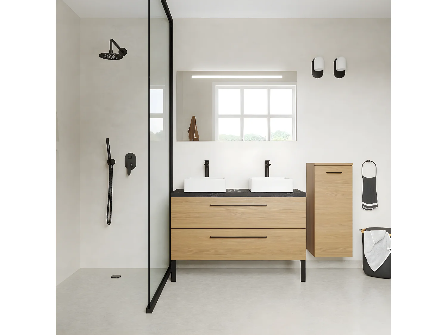 Meuble de salle de bain suspendu 2 vasques à poser 120cm 2 tiroirs Chêne clair + miroir + colonne ouverture droite - Glasgow