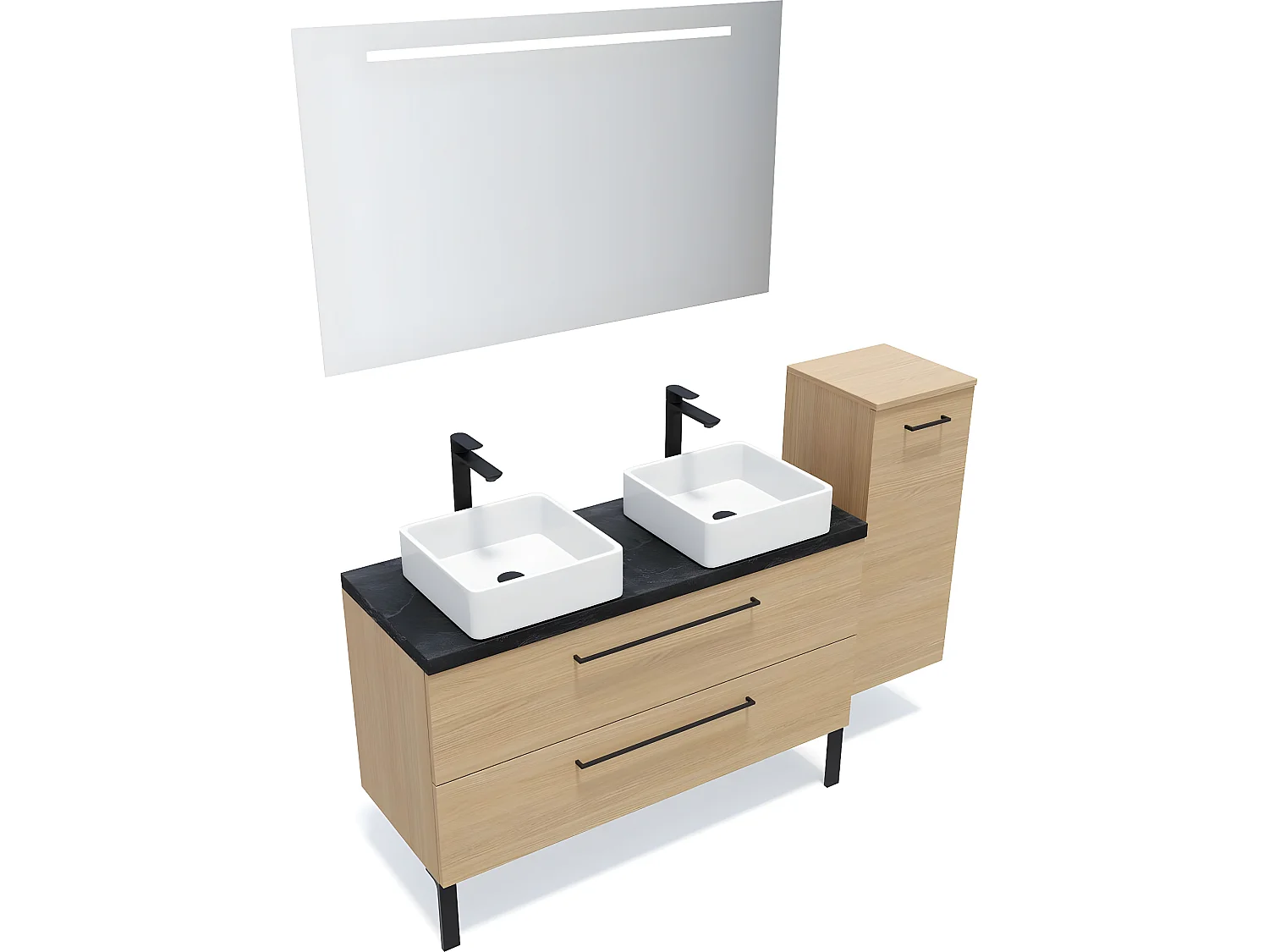 Meuble de salle de bain suspendu 2 vasques à poser 120cm 2 tiroirs Chêne clair + miroir + colonne ouverture droite - Glasgow