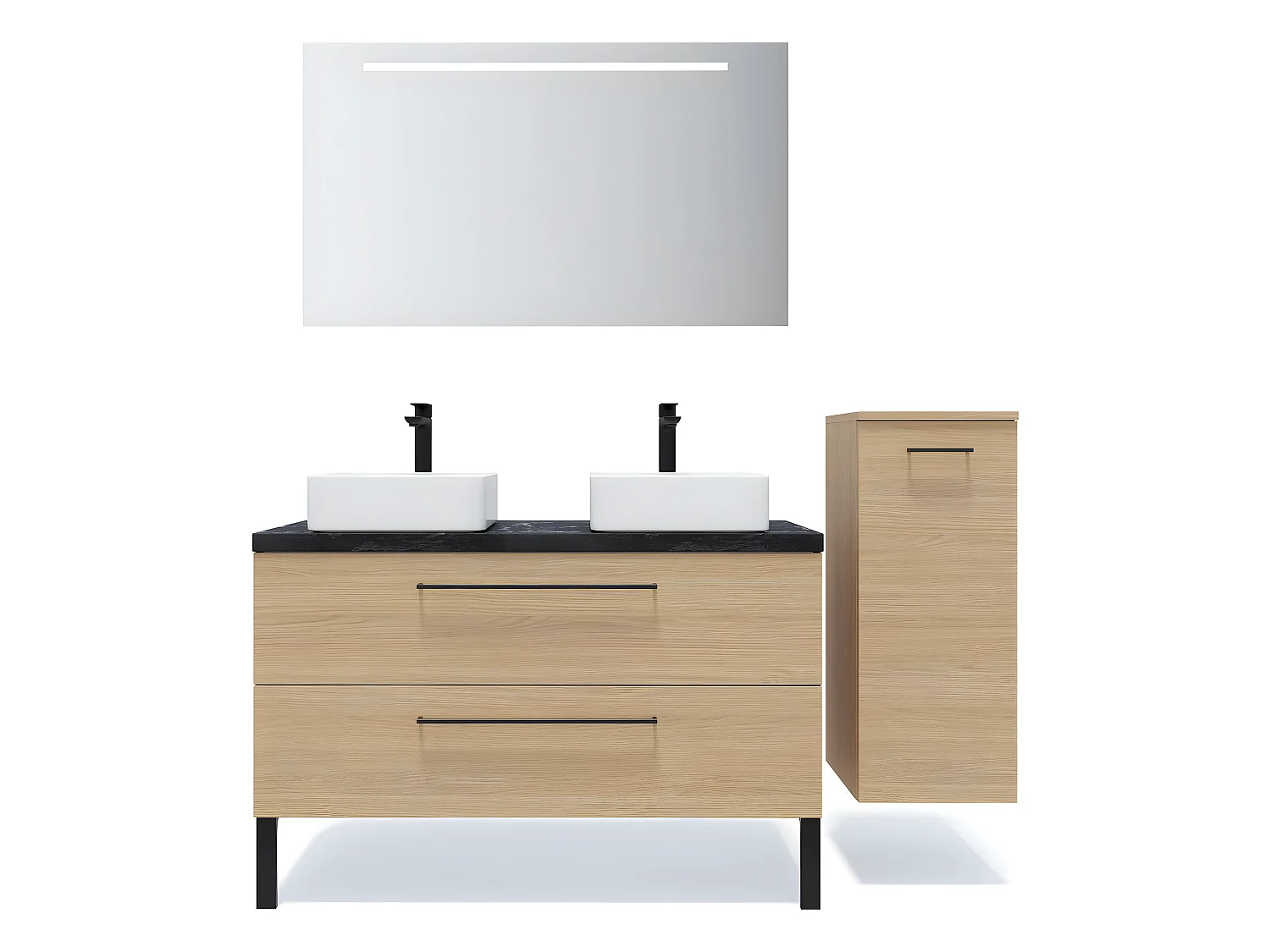 Meuble de salle de bain suspendu 2 vasques à poser 120cm 2 tiroirs Chêne clair + miroir + colonne ouverture droite - Glasgow
