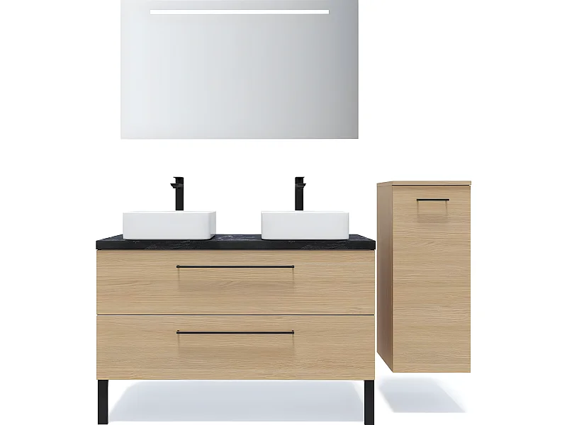 Meuble de salle de bain suspendu 2 vasques à poser 120cm 2 tiroirs Chêne clair + miroir + colonne ouverture droite - Glasgow