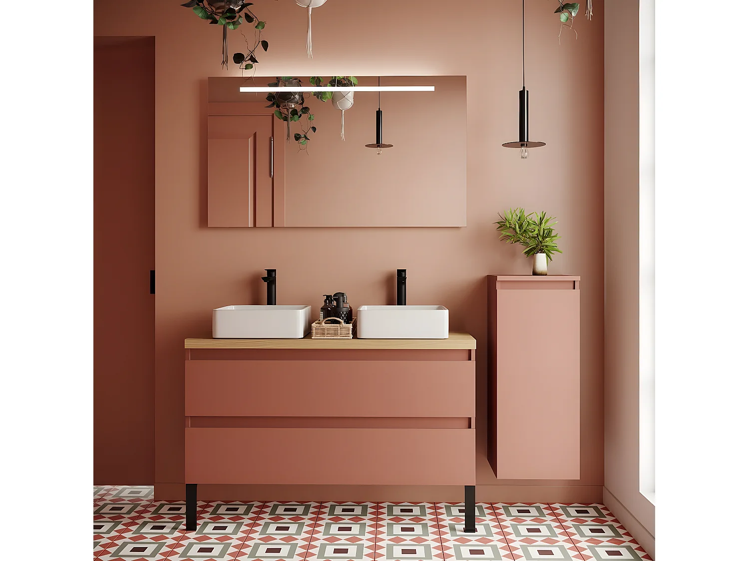 Meuble de salle de bain suspendu 2 vasques à poser 120cm 2 tiroirs Abricot + miroir + colonne ouverture droite - Hudson