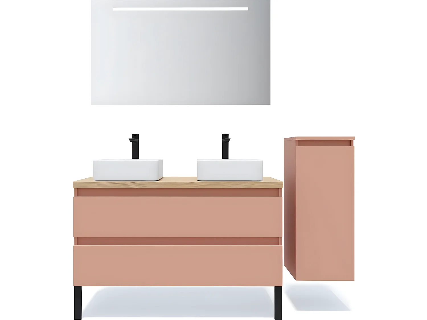 Meuble de salle de bain suspendu 2 vasques à poser 120cm 2 tiroirs Abricot + miroir + colonne ouverture droite - Hudson