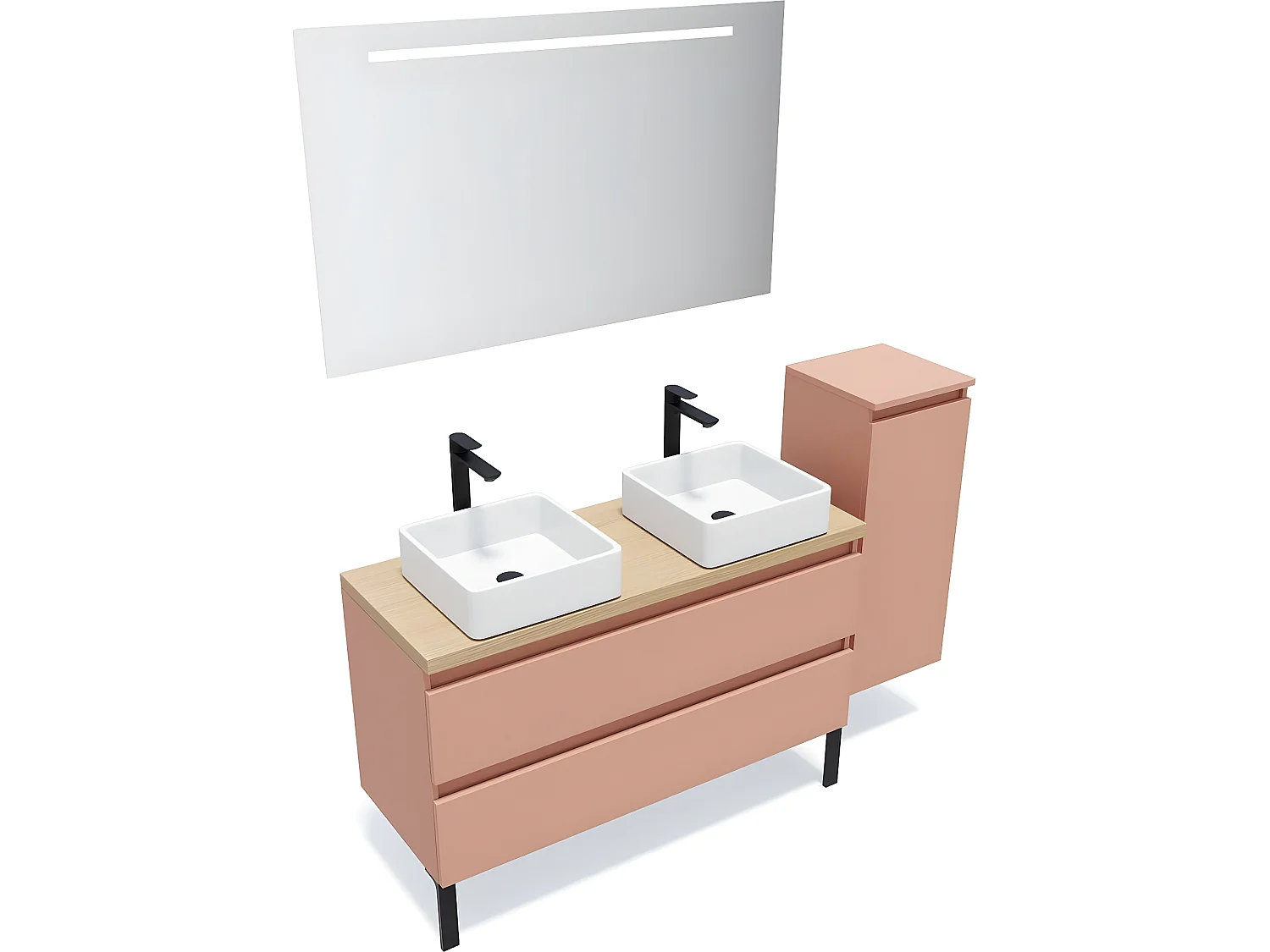 Meuble de salle de bain suspendu 2 vasques à poser 120cm 2 tiroirs Abricot + miroir + colonne ouverture droite - Hudson