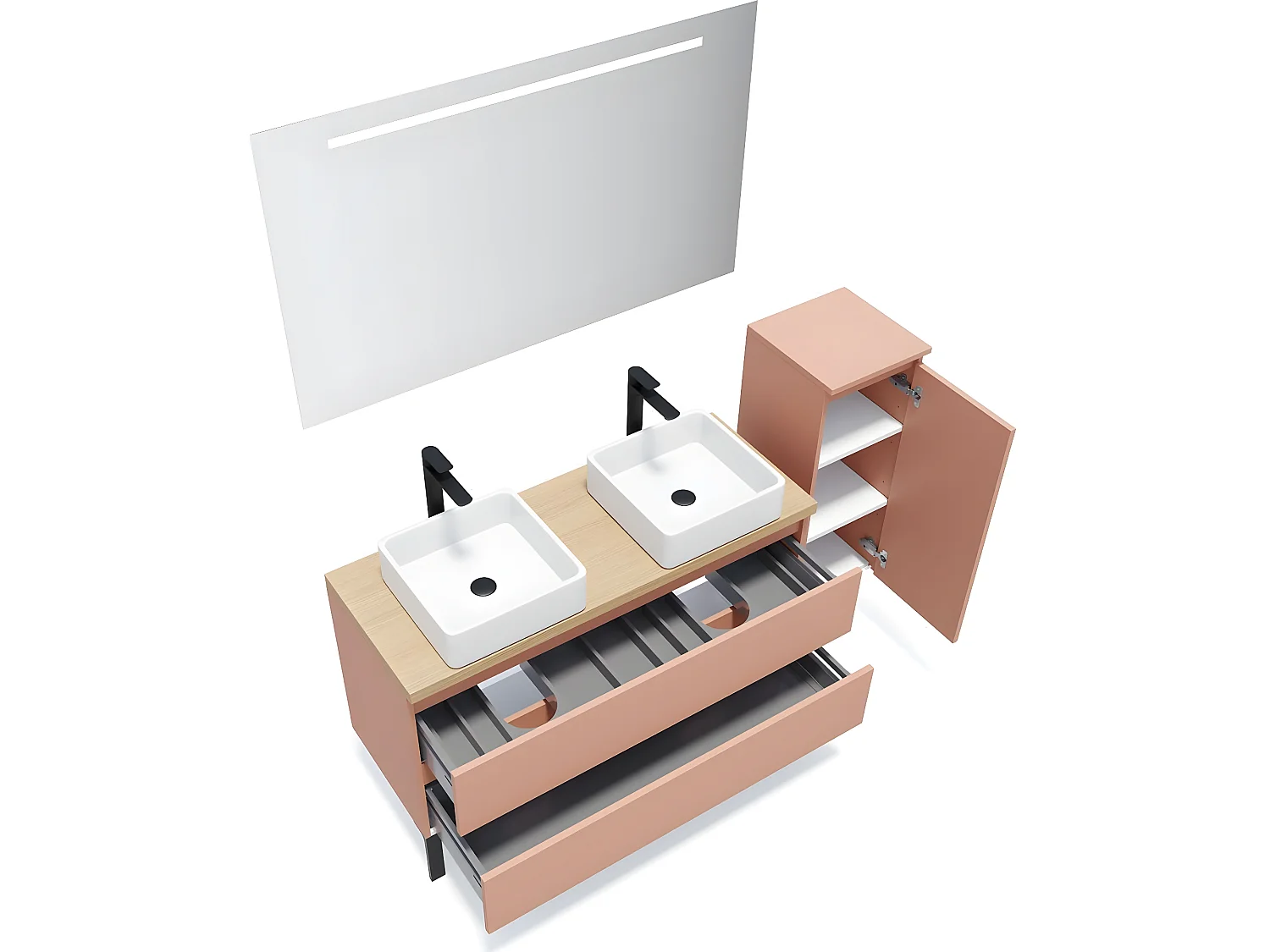 Meuble de salle de bain suspendu 2 vasques à poser 120cm 2 tiroirs Abricot + miroir + colonne ouverture droite - Hudson